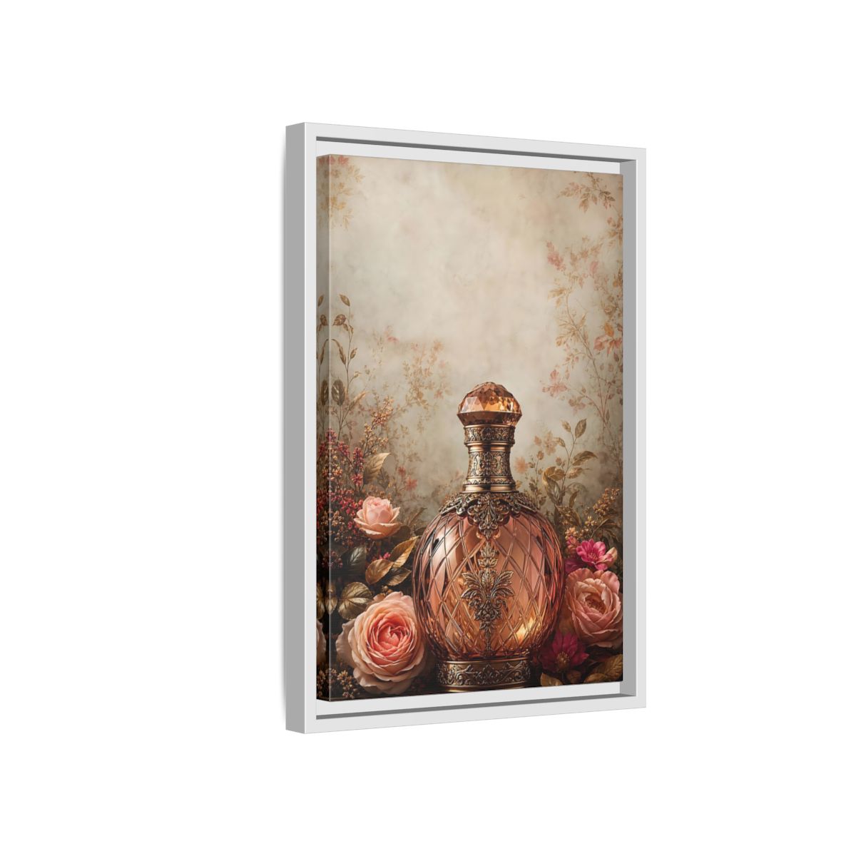 Side Mockup 4. Vintage Decorative Bottle Rose Gold Floral shown as stretched canvas wall art