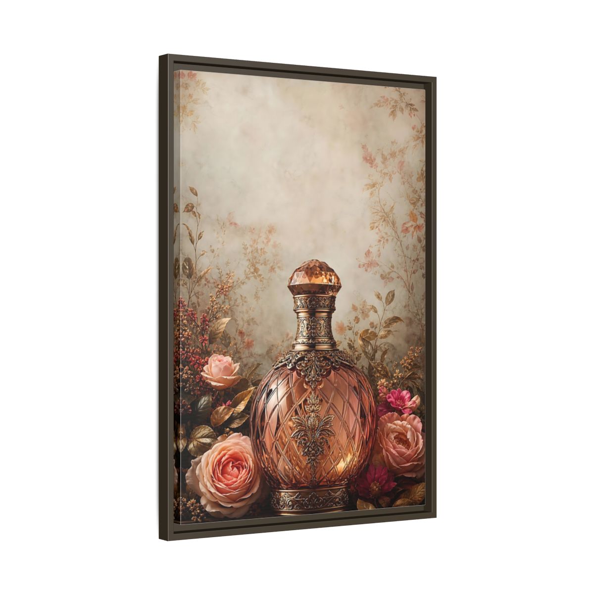 Side Mockup 11. Vintage Decorative Bottle Rose Gold Floral shown as stretched canvas wall art