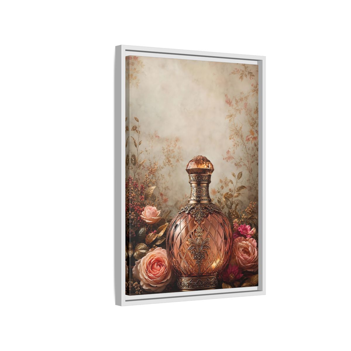 Side Mockup 1. Vintage Decorative Bottle Rose Gold Floral shown as stretched canvas wall art