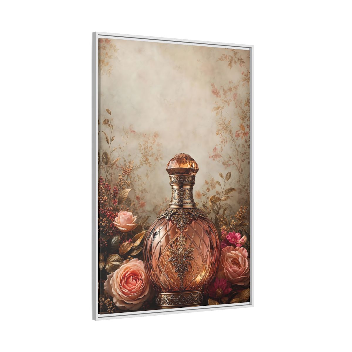 Side Mockup 7. Vintage Decorative Bottle Rose Gold Floral shown as stretched canvas wall art