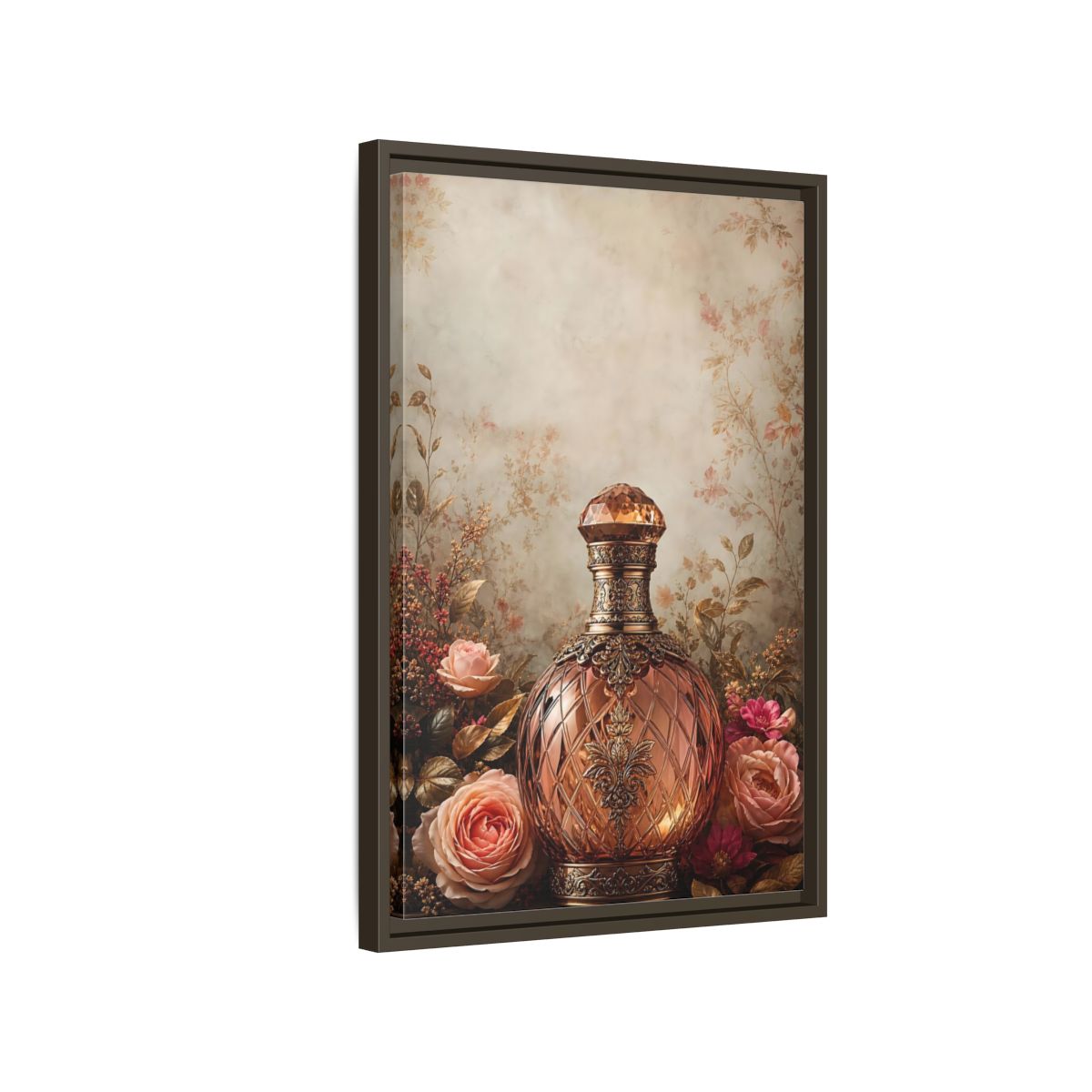 Side Mockup 2. Vintage Decorative Bottle Rose Gold Floral shown as stretched canvas wall art