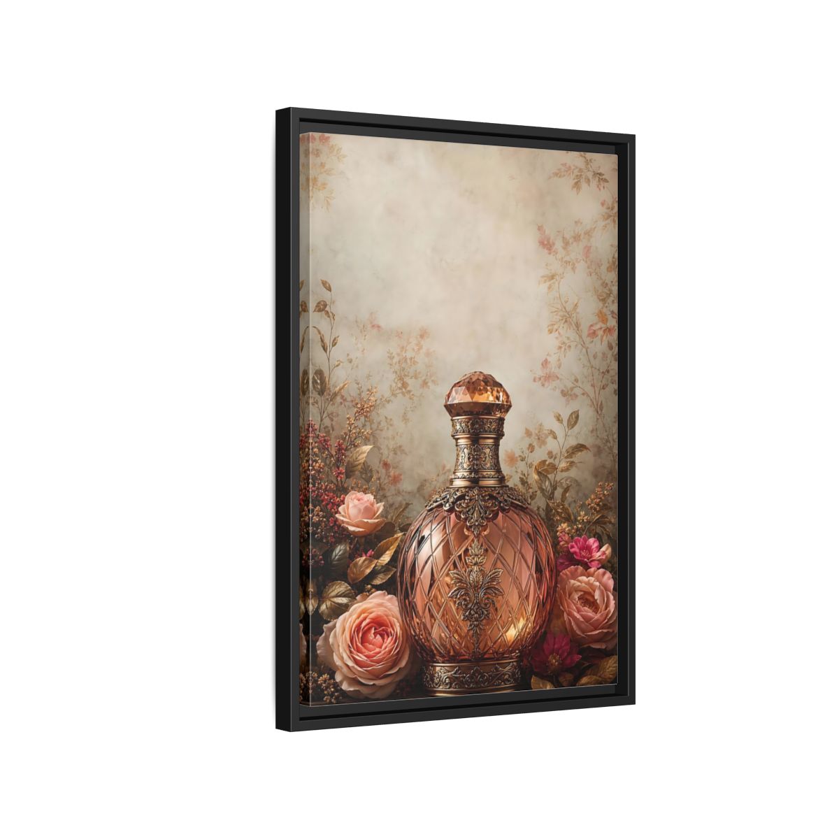 Side Mockup 3. Vintage Decorative Bottle Rose Gold Floral shown as stretched canvas wall art