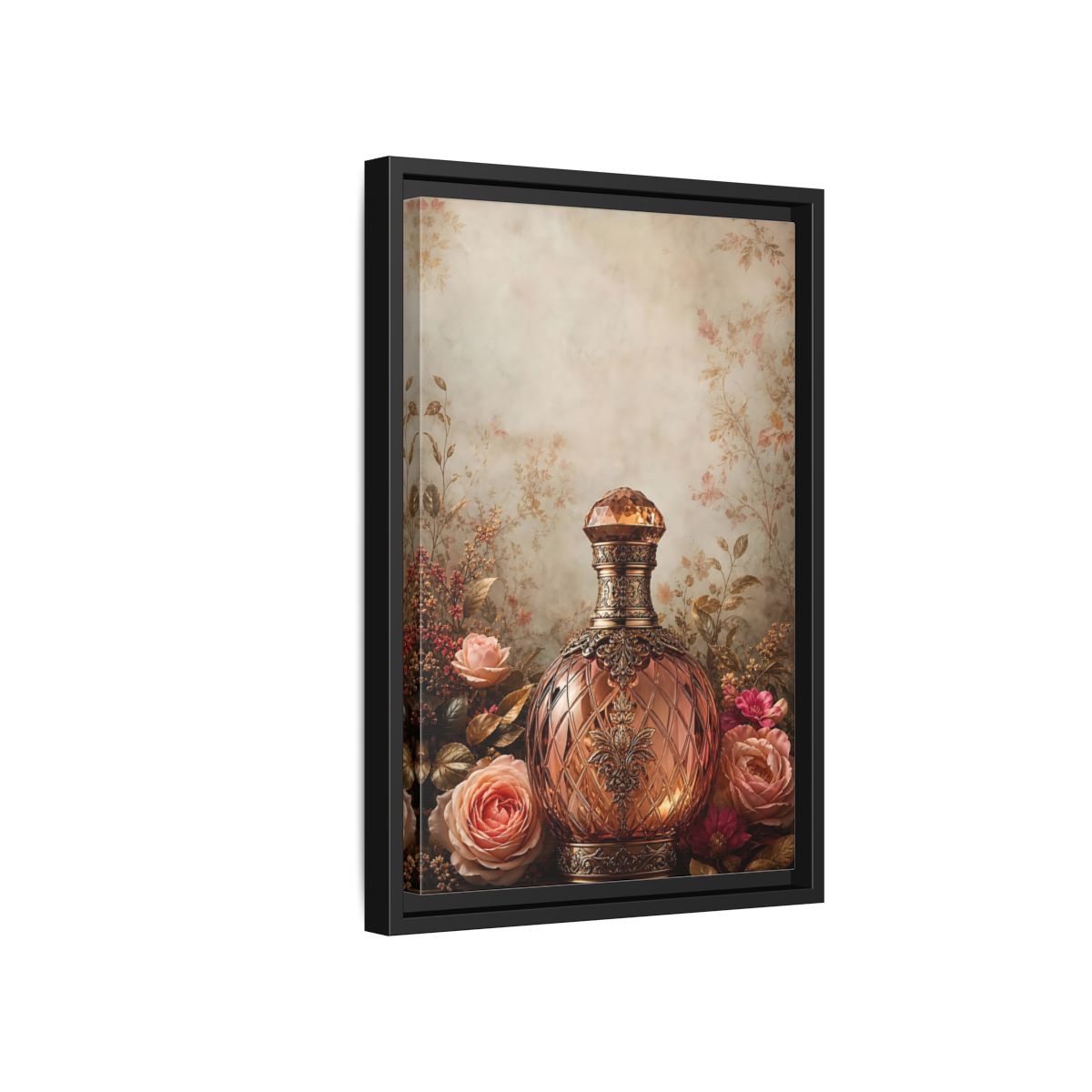 Side Mockup 6. Vintage Decorative Bottle Rose Gold Floral shown as stretched canvas wall art