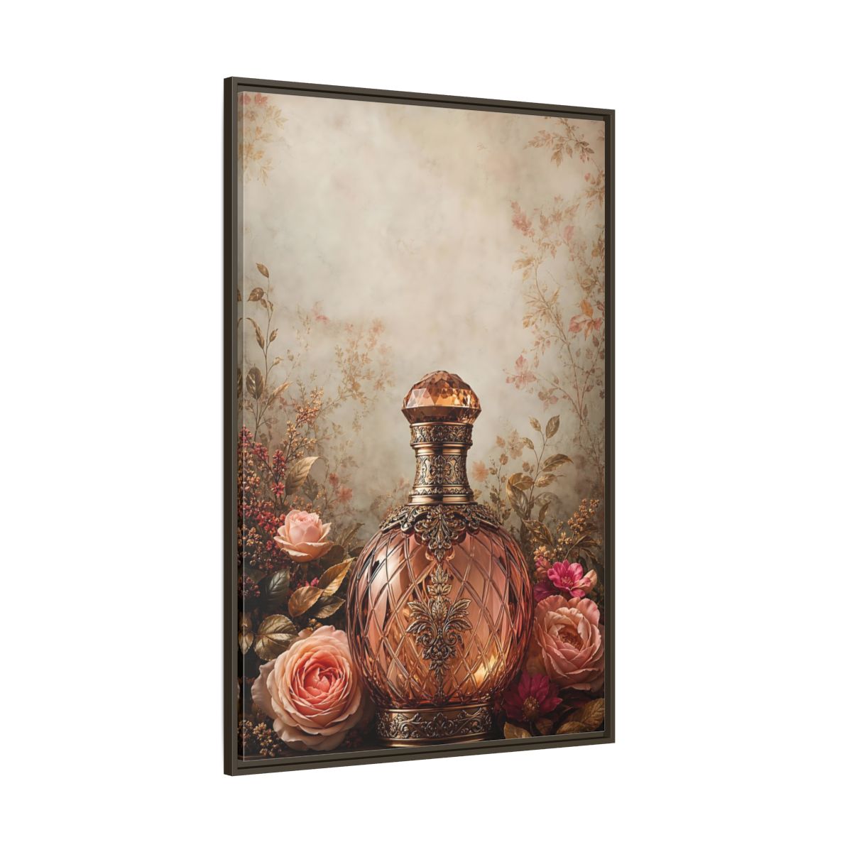 Side Mockup 8. Vintage Decorative Bottle Rose Gold Floral shown as stretched canvas wall art