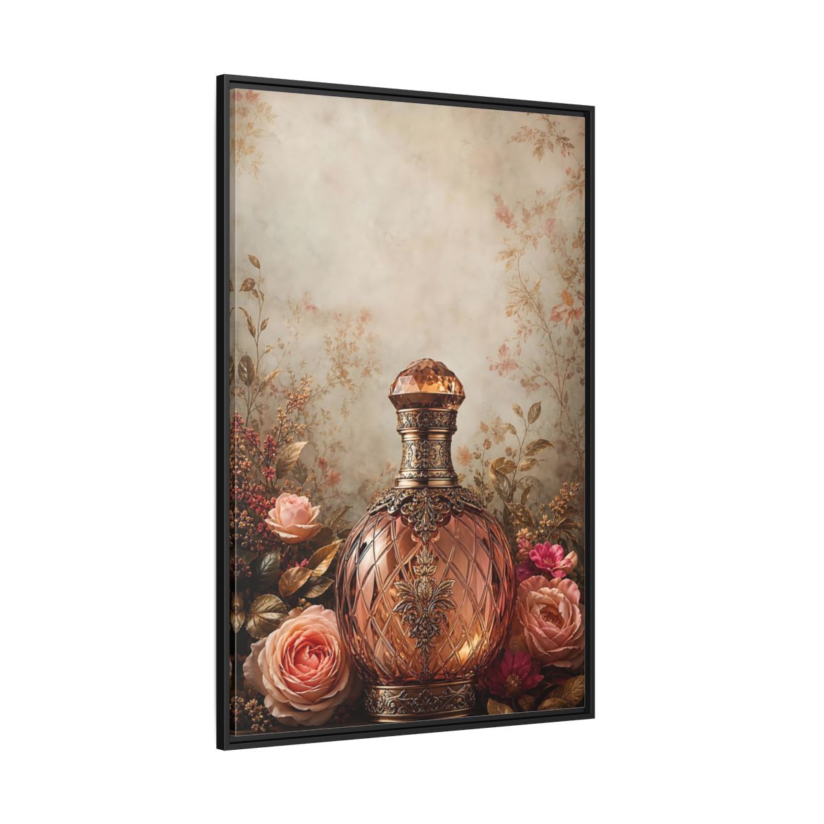 Side Mockup 12. Vintage Decorative Bottle Rose Gold Floral shown as stretched canvas wall art