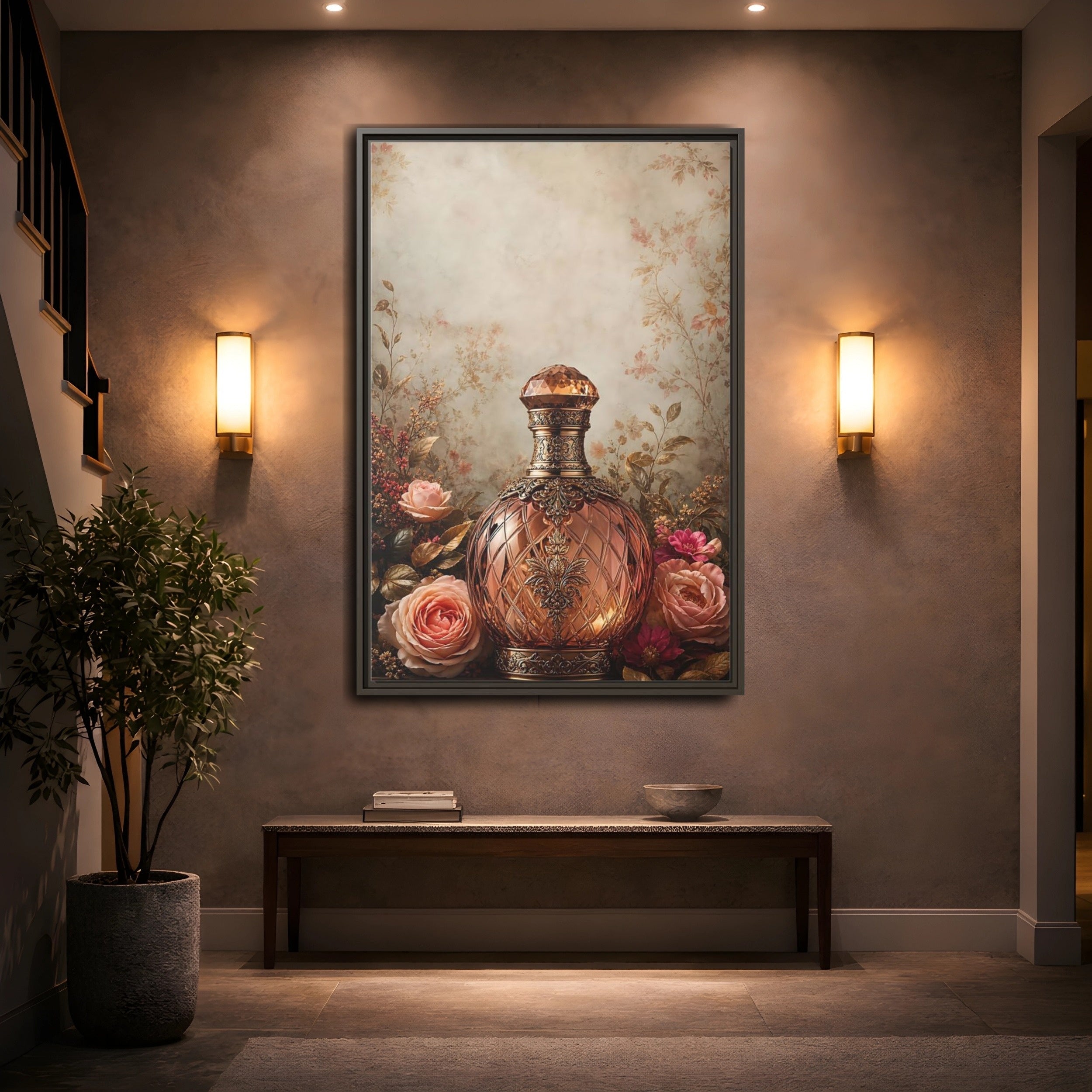 Mockup 2. Vintage Decorative Bottle Rose Gold Floral shown as stretched canvas wall art