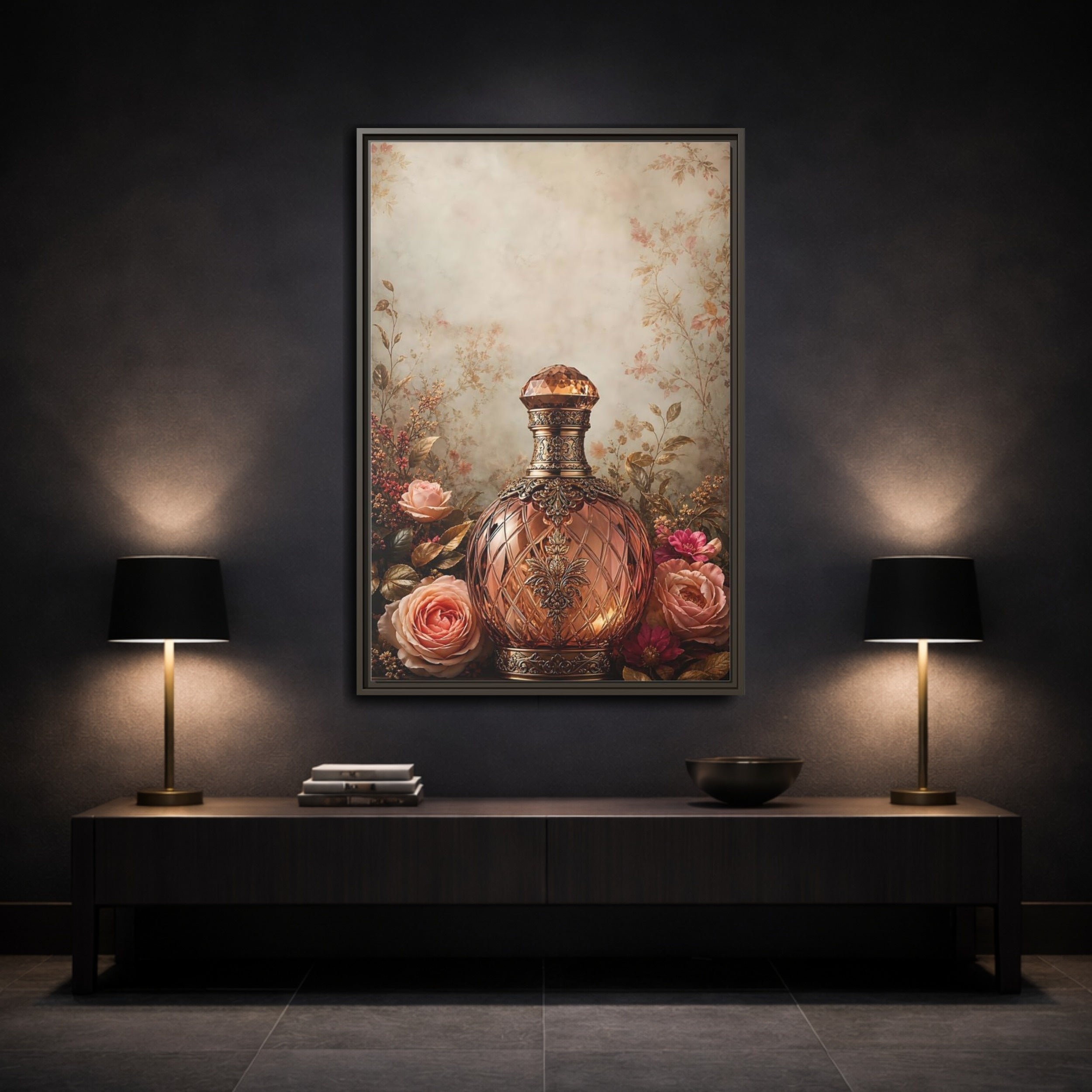 Mockup 3. Vintage Decorative Bottle Rose Gold Floral shown as stretched canvas wall art
