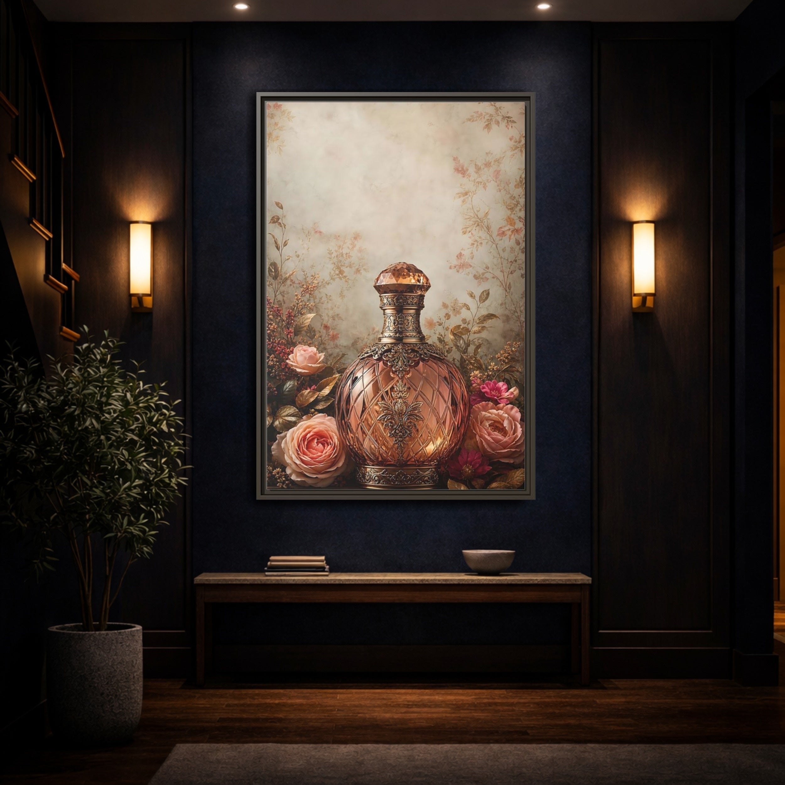 Mockup 4. Vintage Decorative Bottle Rose Gold Floral shown as stretched canvas wall art