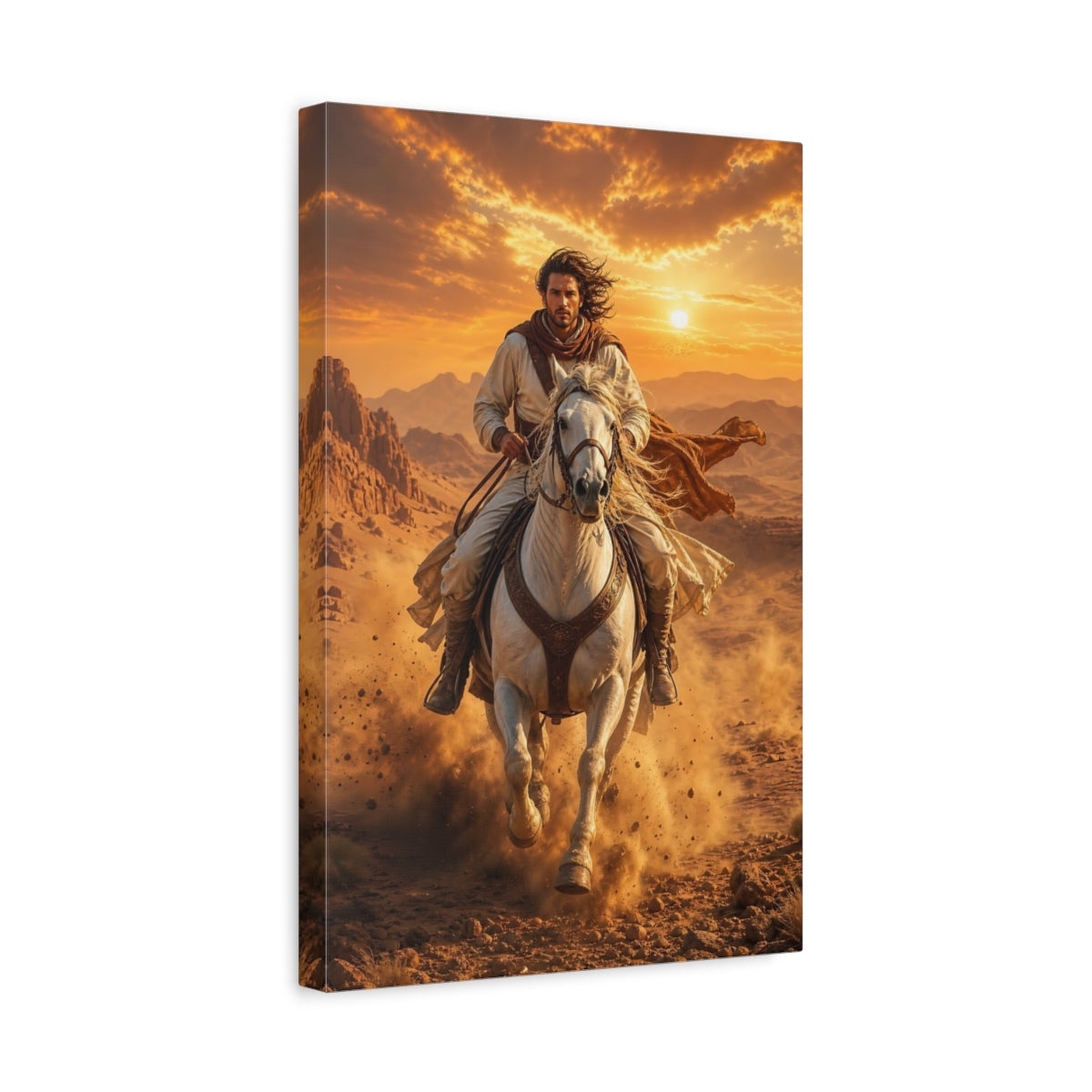Side Mockup 4. Vintage Desert Rider Brown And Orange shown as stretched canvas wall art