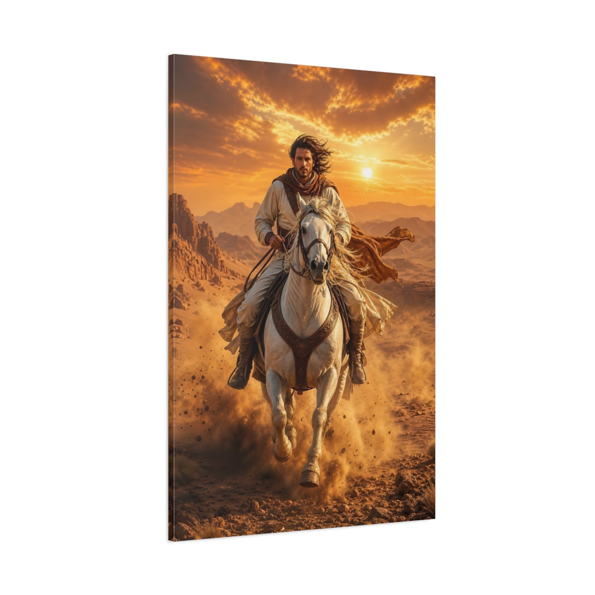 Side Mockup 1. Vintage Desert Rider Brown And Orange shown as stretched canvas wall art