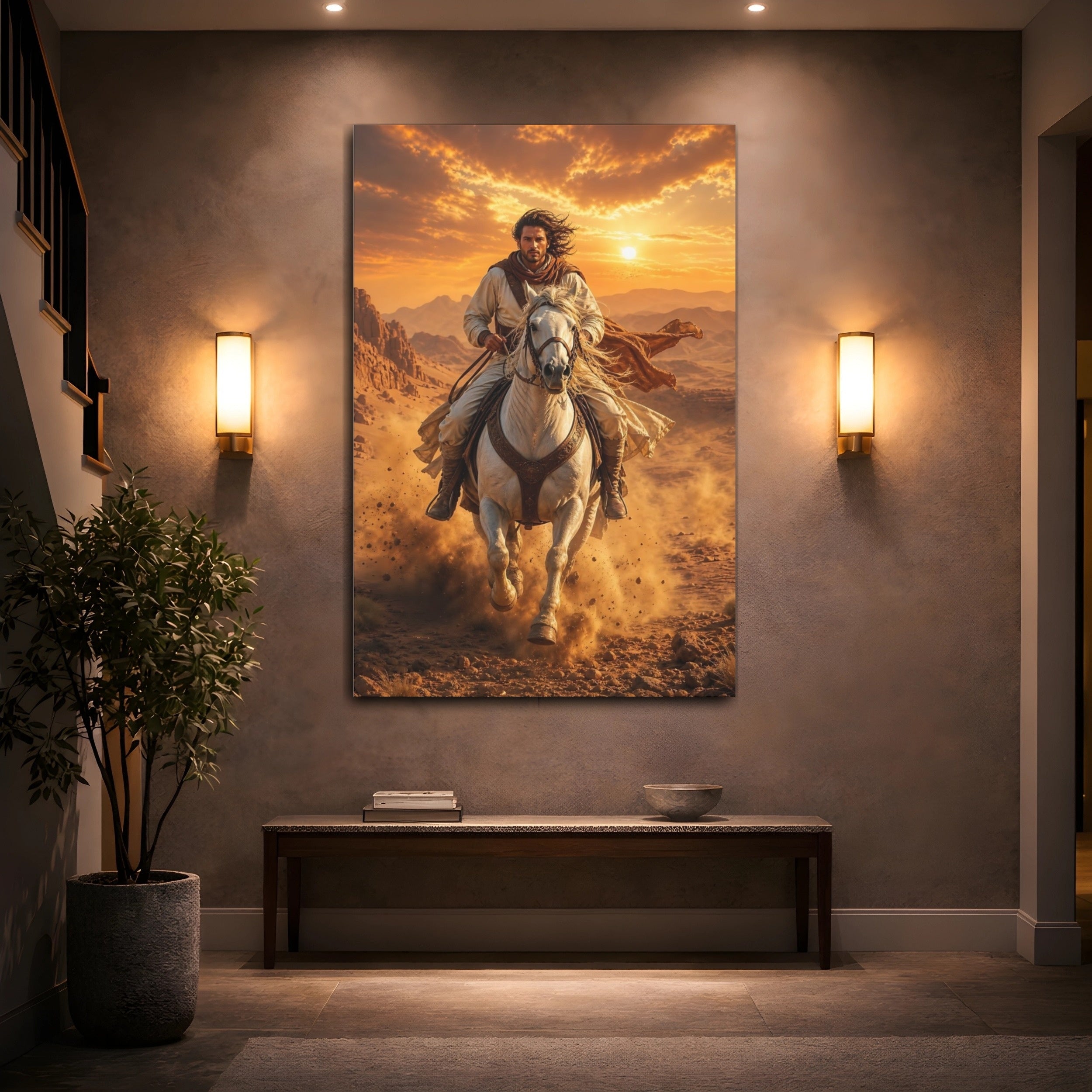 Mockup 2. Vintage Desert Rider Brown And Orange shown as stretched canvas wall art
