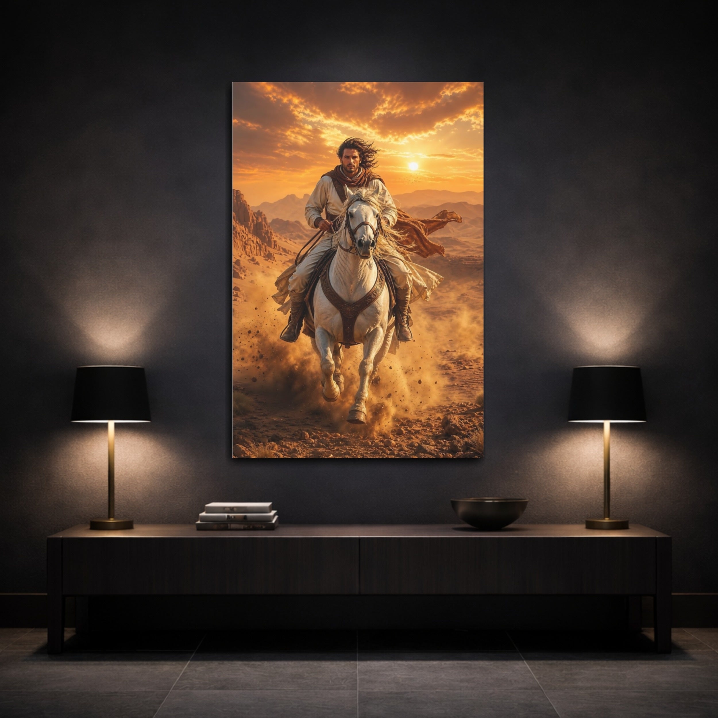 Mockup 3. Vintage Desert Rider Brown And Orange shown as stretched canvas wall art