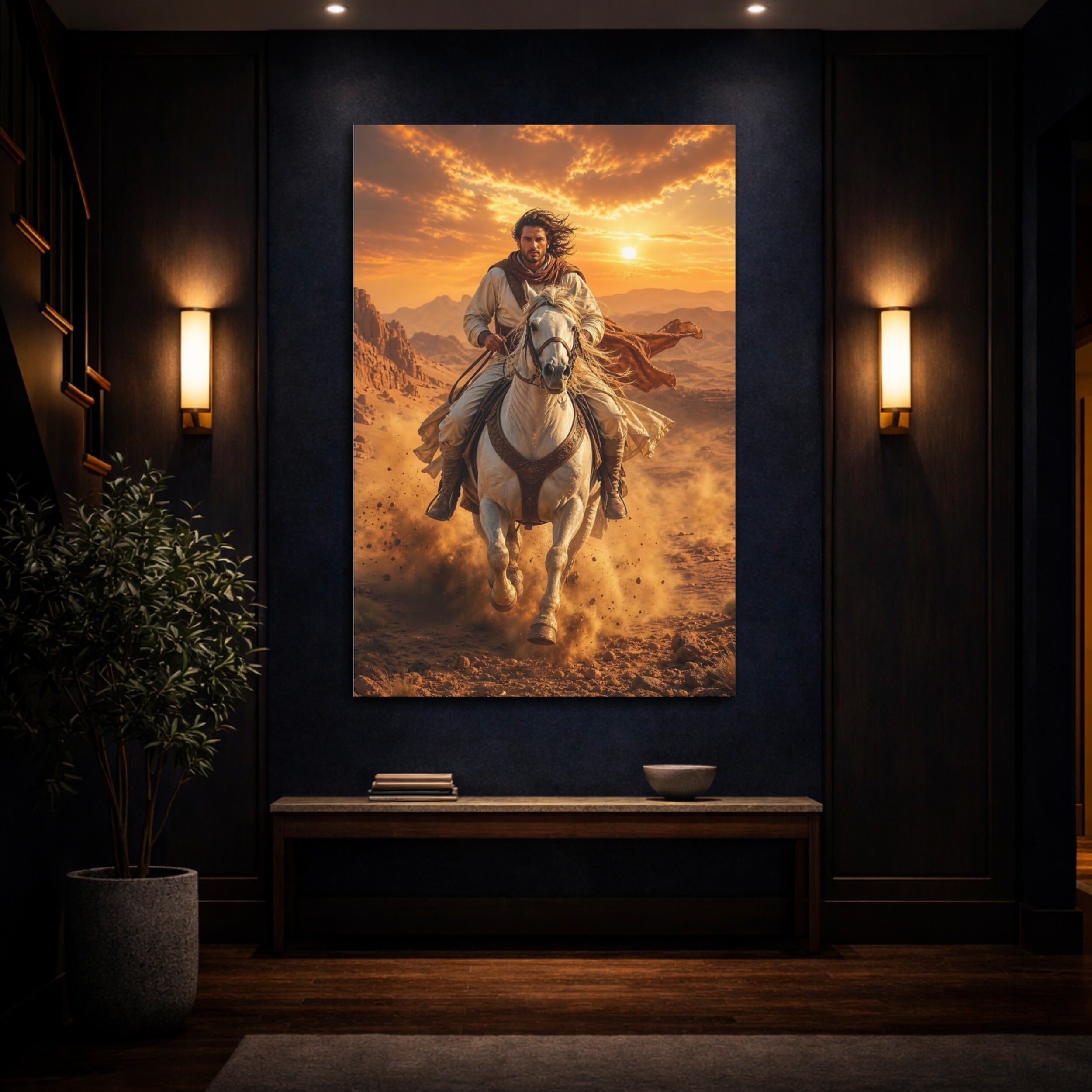 Mockup 4. Vintage Desert Rider Brown And Orange shown as stretched canvas wall art