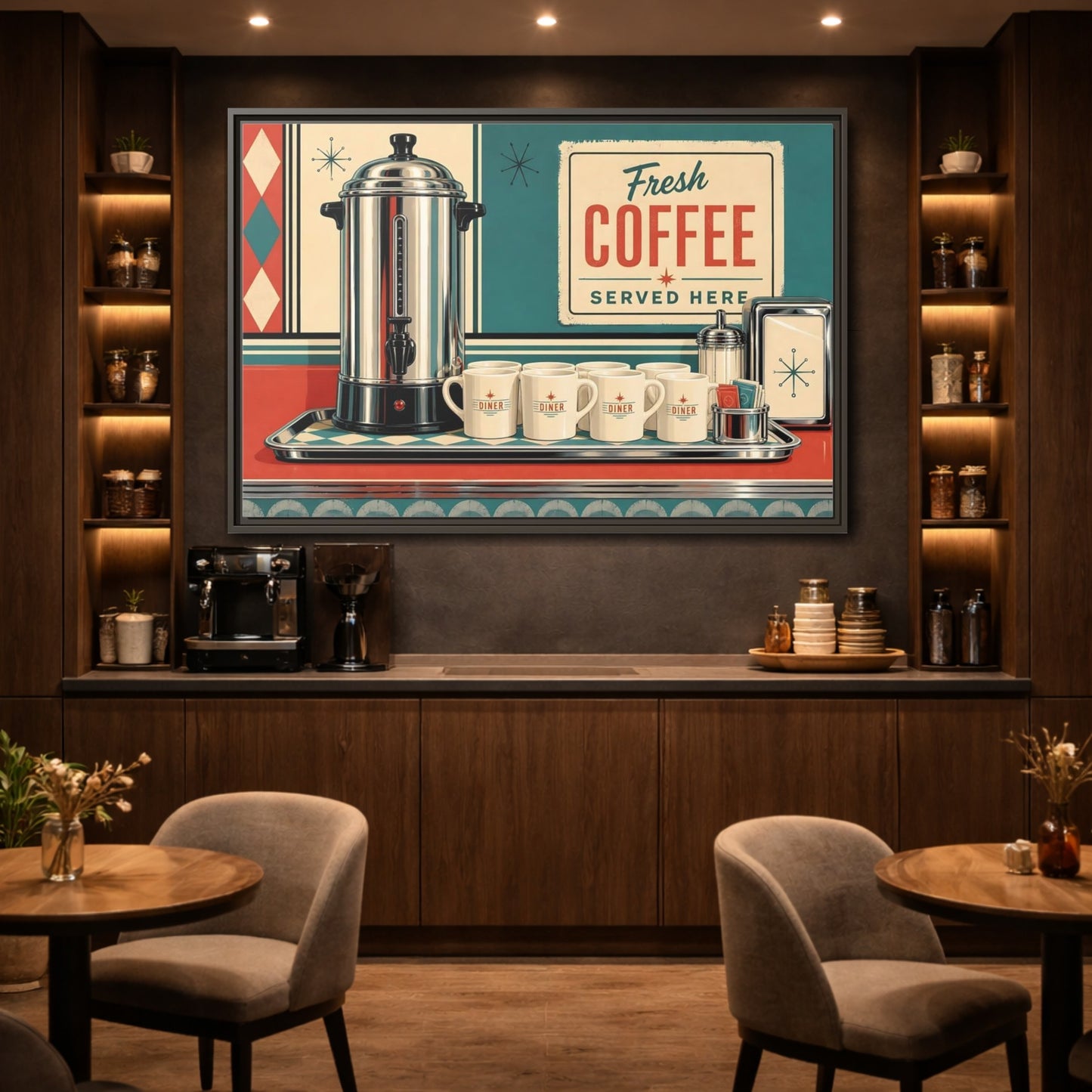 Mockup 2. Vintage Diner Coffee Retro Diner Coffee shown as stretched canvas wall art