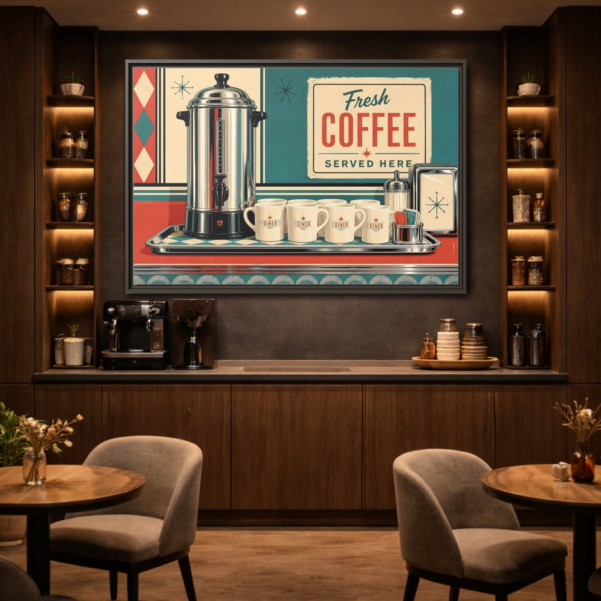 Mockup 2. Vintage Diner Coffee Retro Diner Coffee shown as stretched canvas wall art