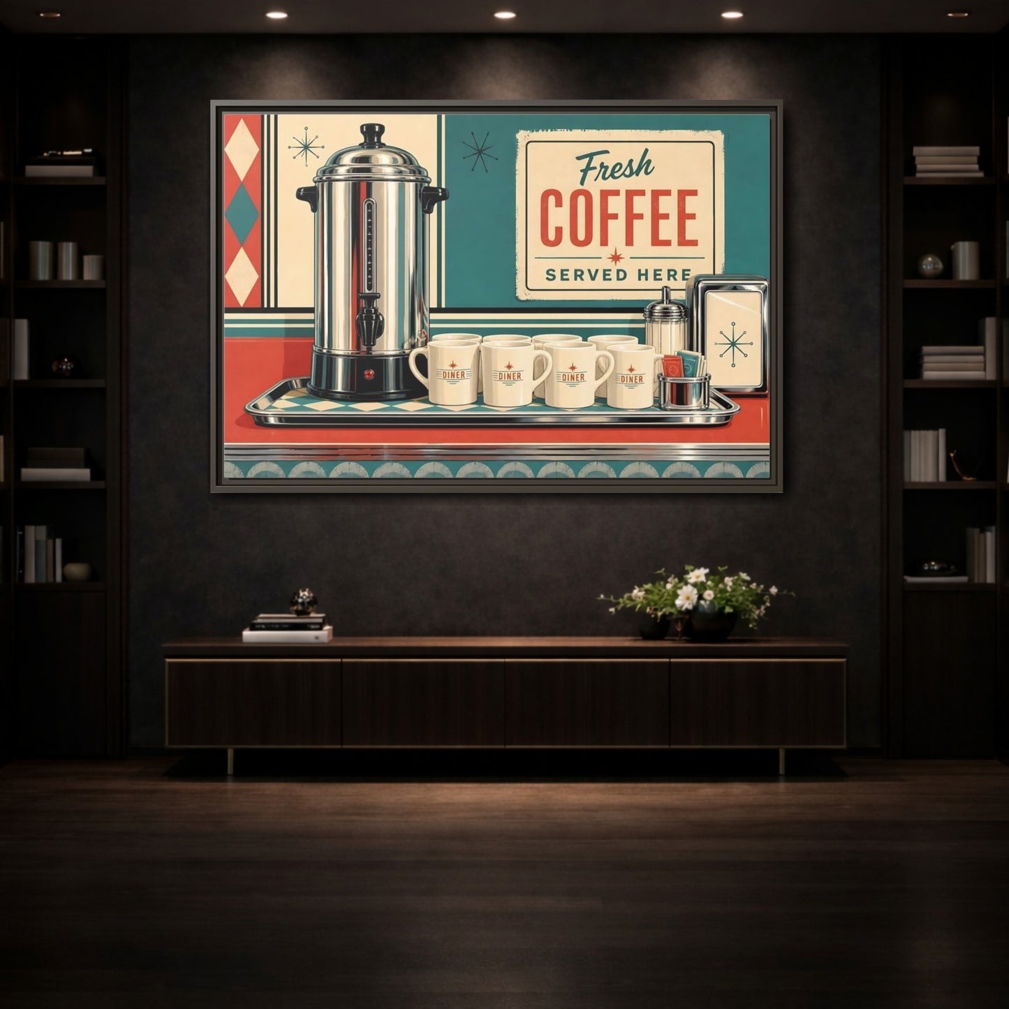 Mockup 3. Vintage Diner Coffee Retro Diner Coffee shown as stretched canvas wall art