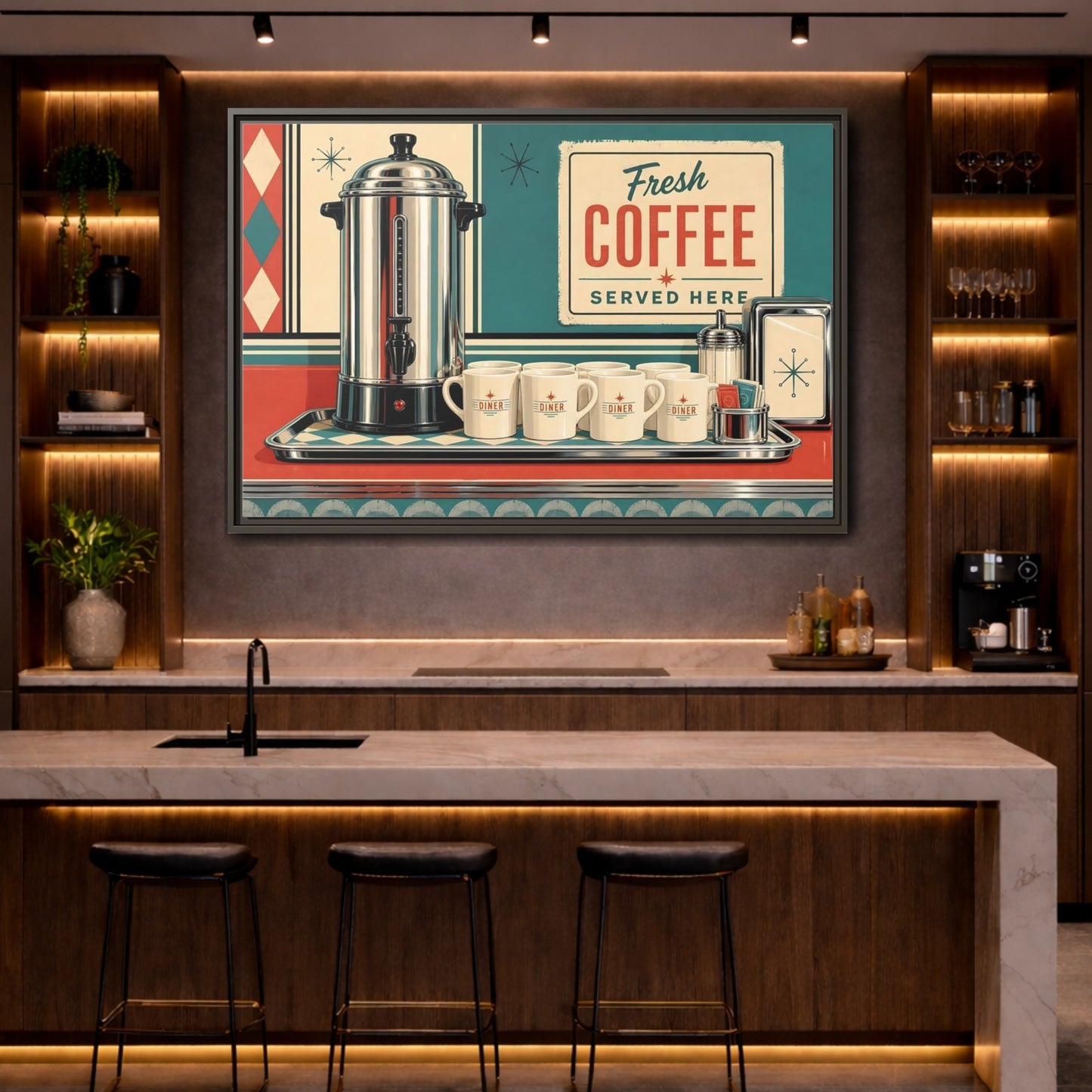 Mockup 4. Vintage Diner Coffee Retro Diner Coffee shown as stretched canvas wall art