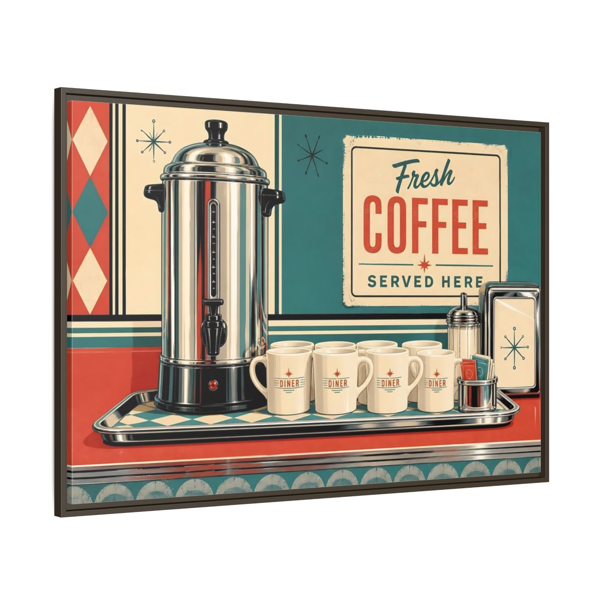 Side Mockup 8. Vintage Diner Coffee Retro Diner Coffee shown as stretched canvas wall art