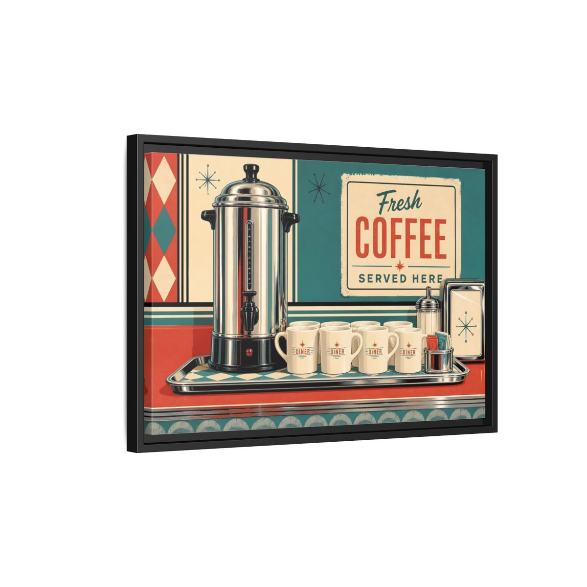 Side Mockup 3. Vintage Diner Coffee Retro Diner Coffee shown as stretched canvas wall art