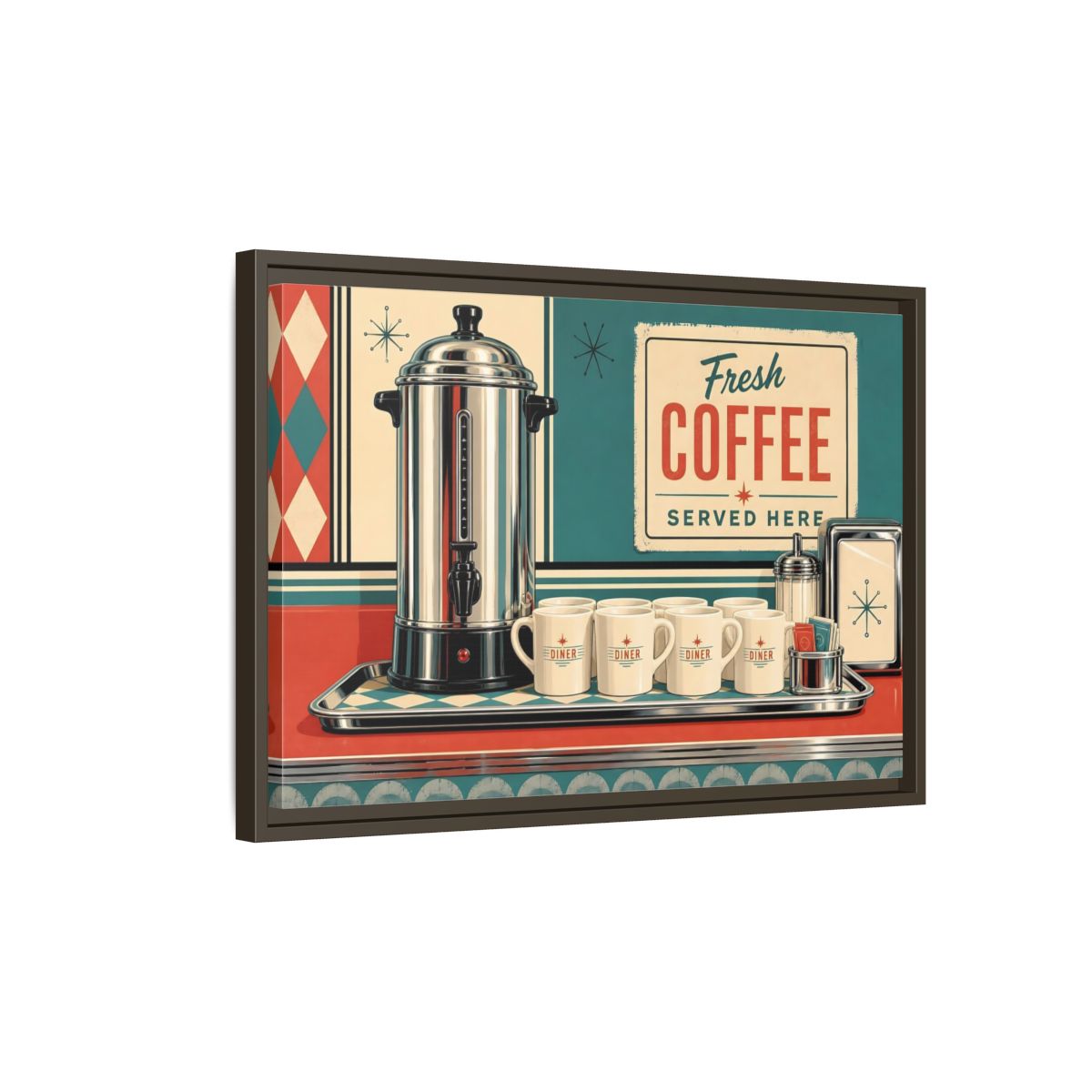 Side Mockup 2. Vintage Diner Coffee Retro Diner Coffee shown as stretched canvas wall art