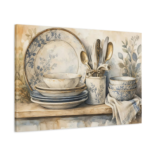 Main Mockup. Vintage Dinnerware Vintage Kitchenware shown as stretched canvas wall art