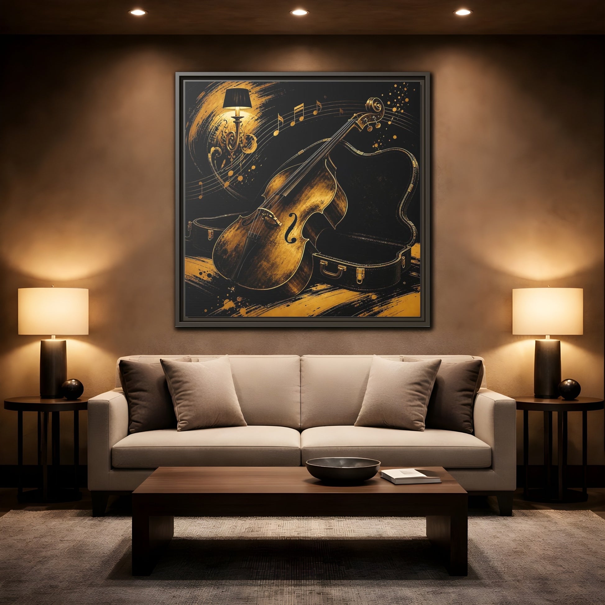 Mockup 2. Vintage Double Bass Gold Double Bass shown as framed canvas print