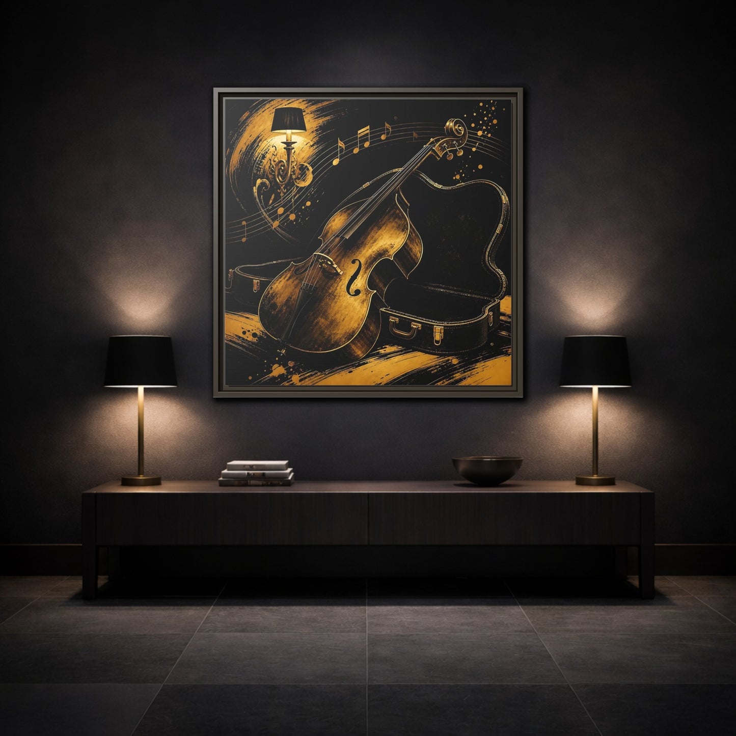 Mockup 3. Vintage Double Bass Gold Double Bass shown as framed canvas print