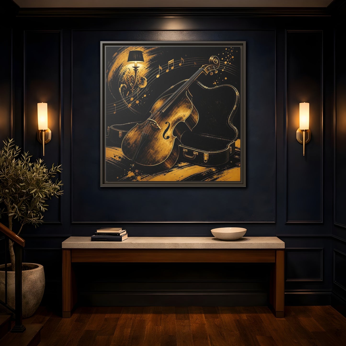 Mockup 4. Vintage Double Bass Gold Double Bass shown as framed canvas print