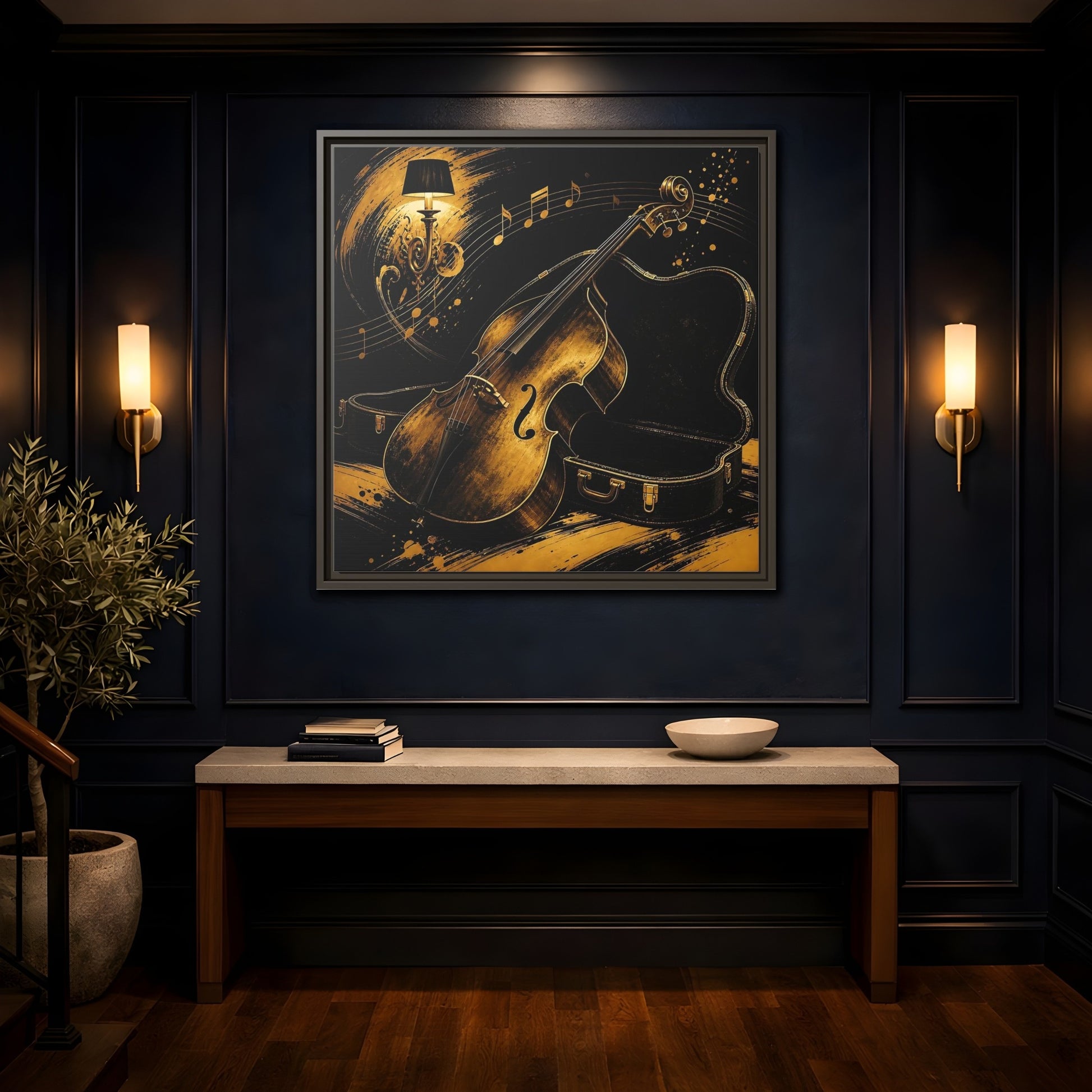 Mockup 4. Vintage Double Bass Gold Double Bass shown as framed canvas print