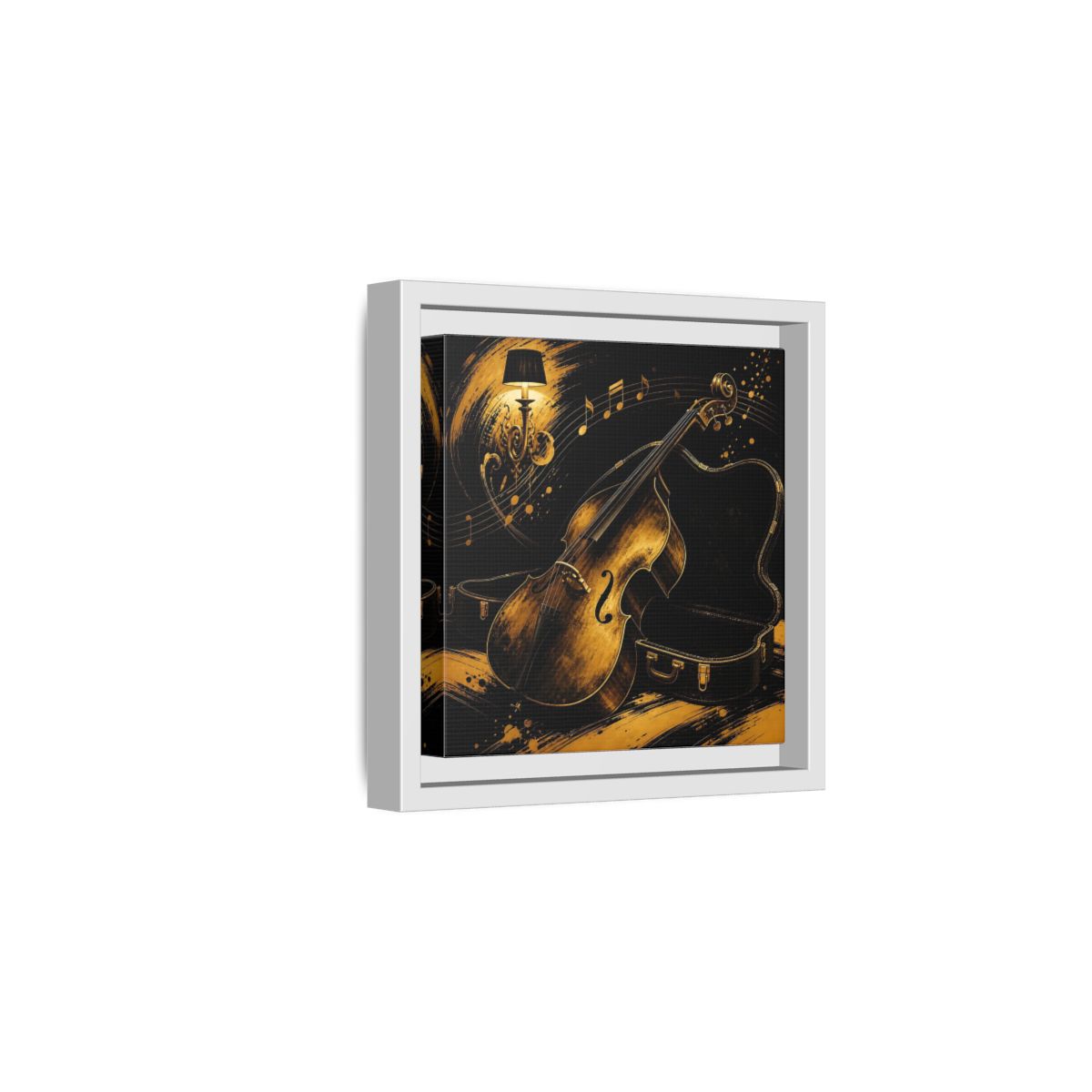 Side Mockup 1. Vintage Double Bass Gold Double Bass shown as framed canvas print