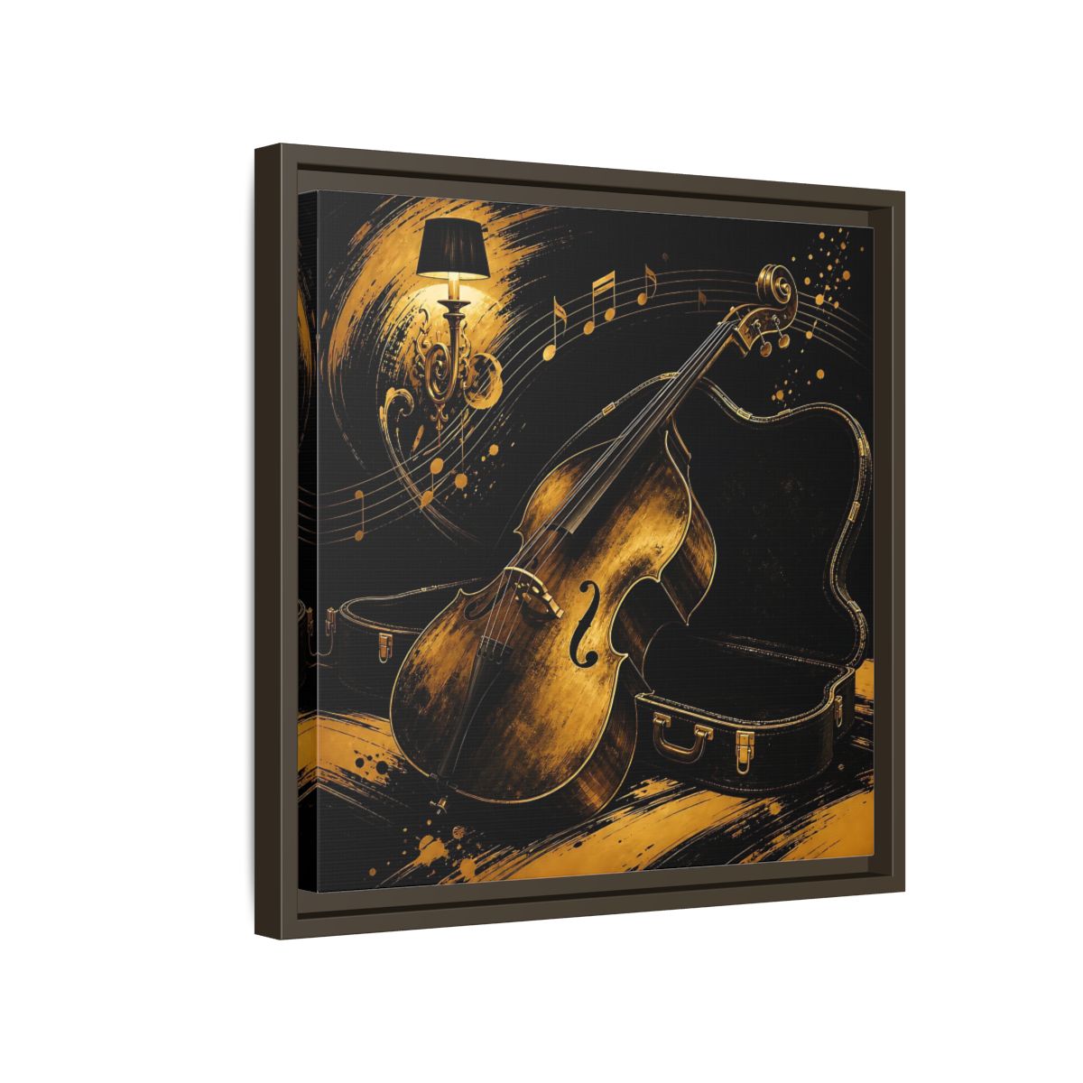 Side Mockup 14. Vintage Double Bass Gold Double Bass shown as framed canvas print