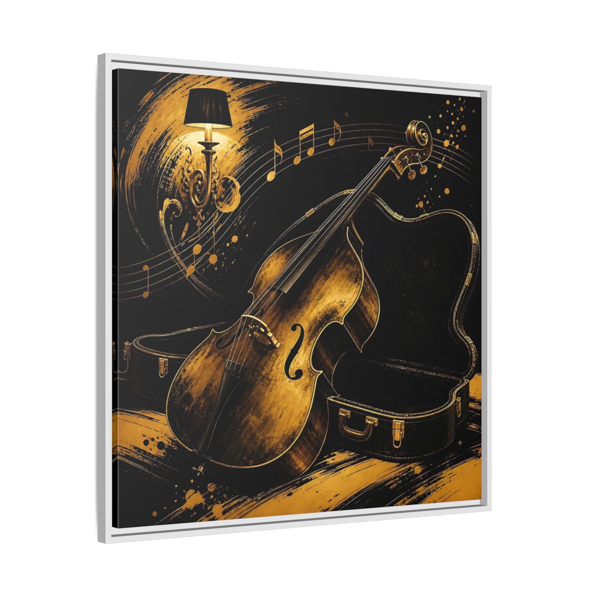 Side Mockup 25. Vintage Double Bass Gold Double Bass shown as framed canvas print
