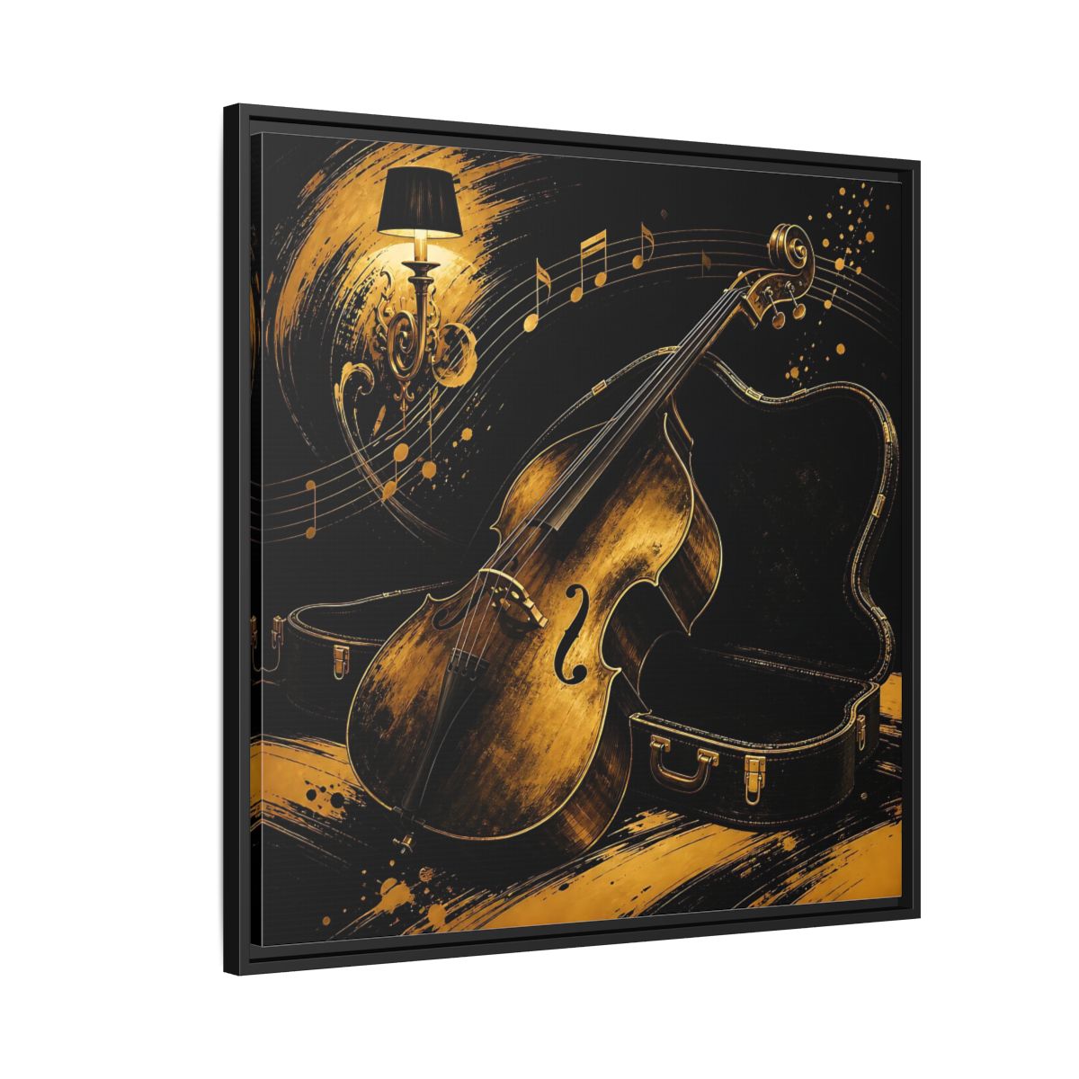 Side Mockup 9. Vintage Double Bass Gold Double Bass shown as framed canvas print