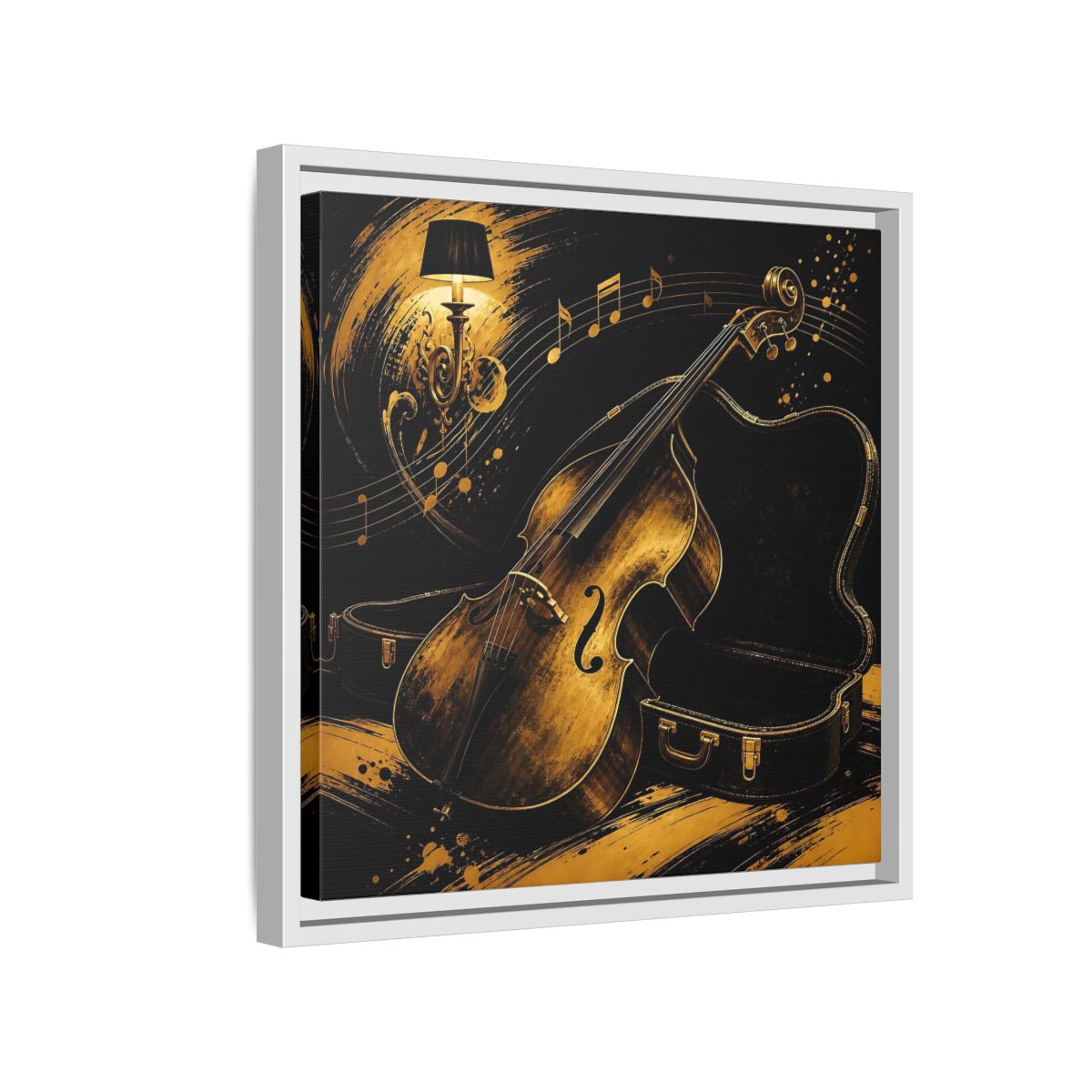 Side Mockup 13. Vintage Double Bass Gold Double Bass shown as framed canvas print