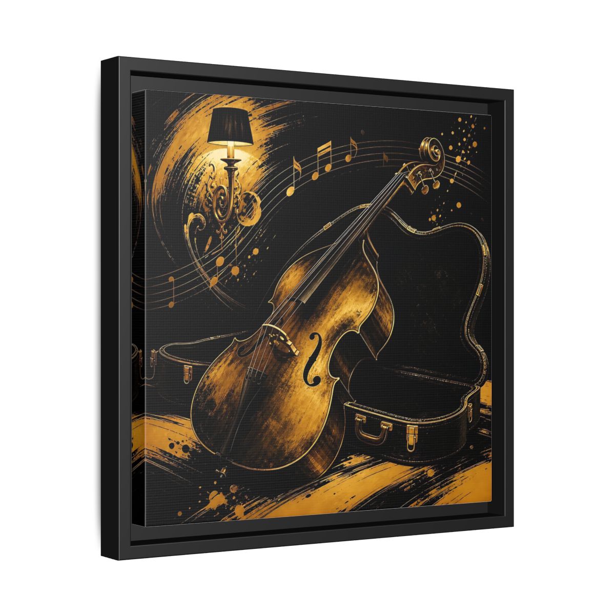 Side Mockup 32. Vintage Double Bass Gold Double Bass shown as framed canvas print