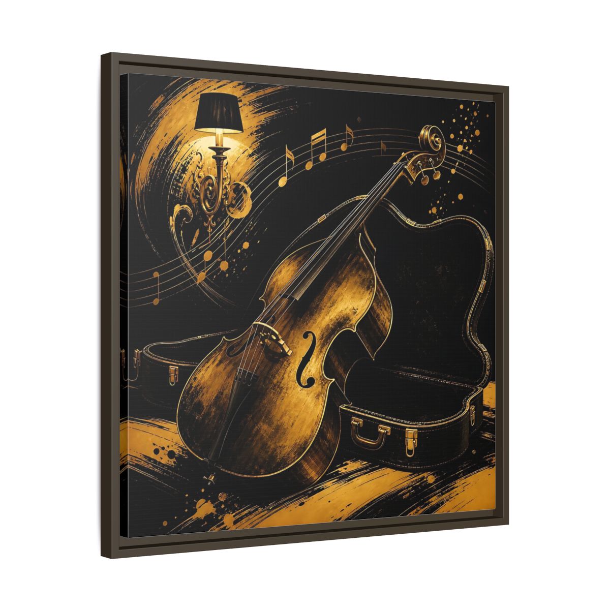 Side Mockup 27. Vintage Double Bass Gold Double Bass shown as framed canvas print