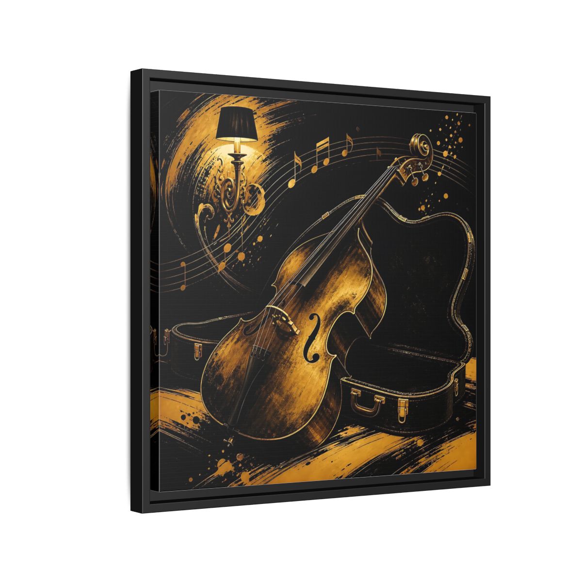 Side Mockup 12. Vintage Double Bass Gold Double Bass shown as framed canvas print