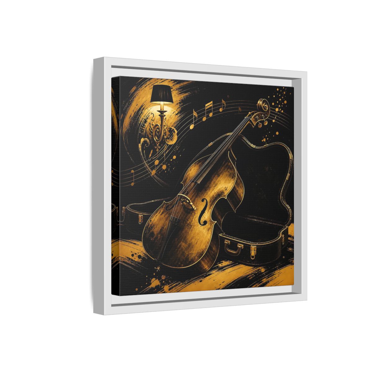 Side Mockup 16. Vintage Double Bass Gold Double Bass shown as framed canvas print