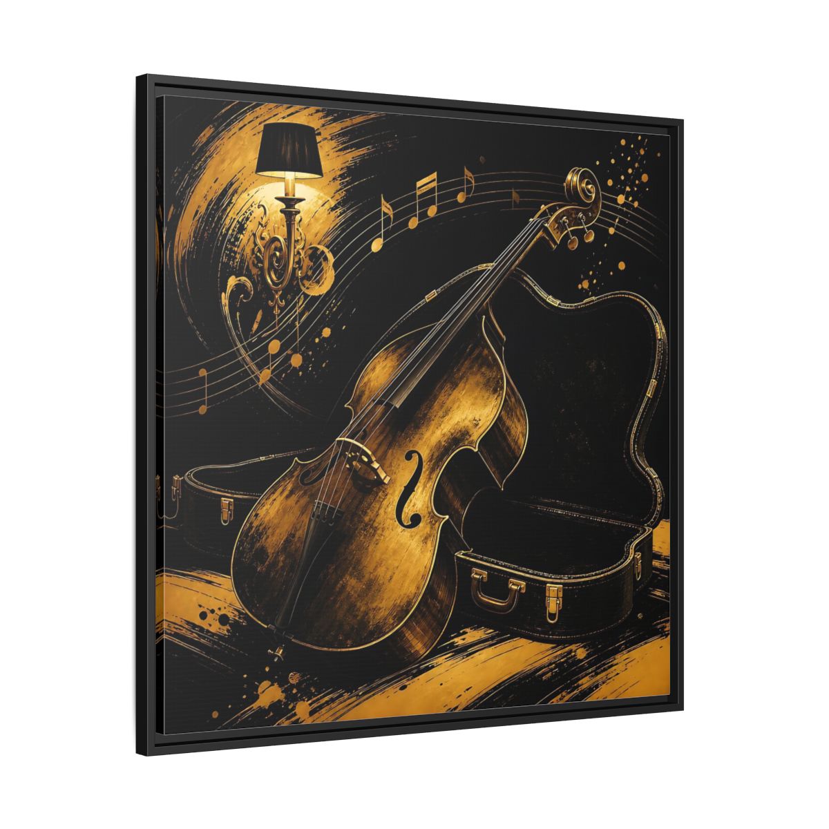 Side Mockup 30. Vintage Double Bass Gold Double Bass shown as framed canvas print