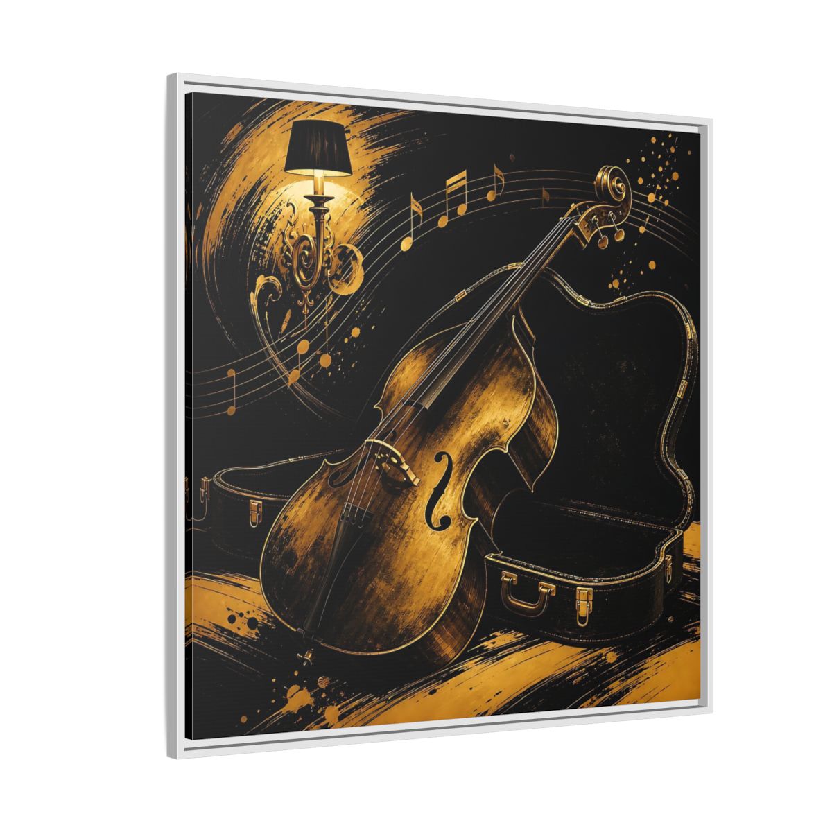 Side Mockup 4. Vintage Double Bass Gold Double Bass shown as framed canvas print
