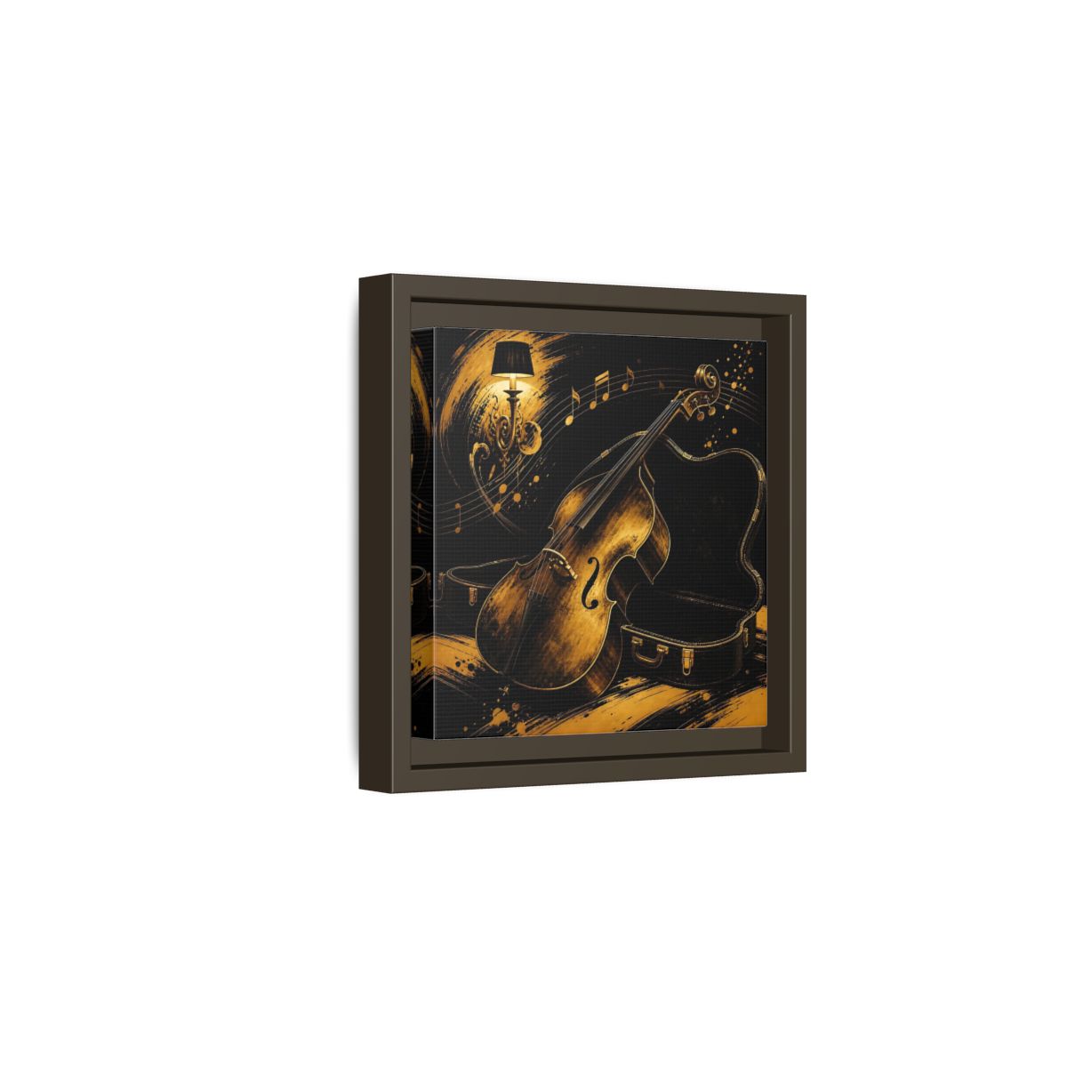 Side Mockup 2. Vintage Double Bass Gold Double Bass shown as framed canvas print