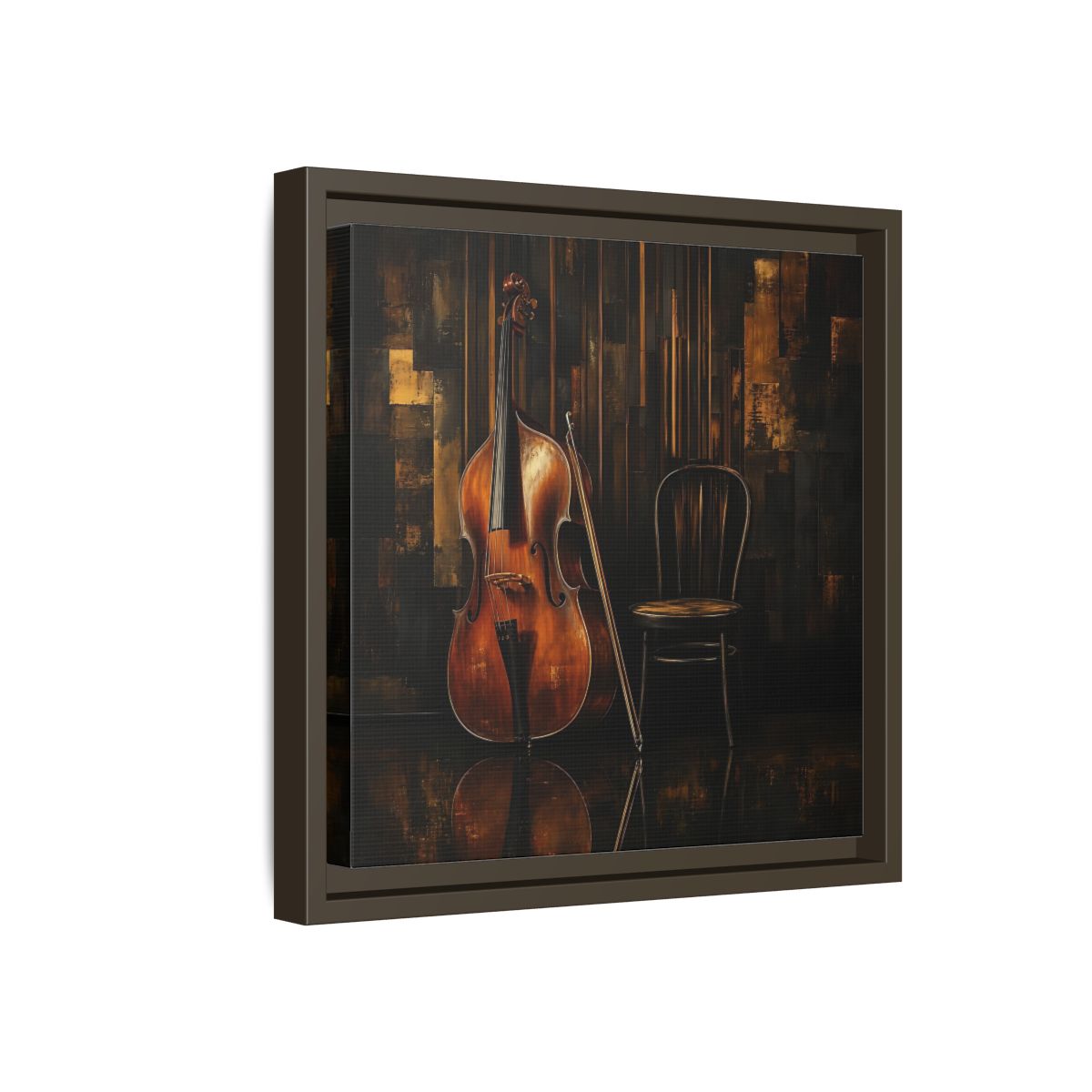 Side Mockup 17. Vintage Double Bass With Chair shown as framed canvas print
