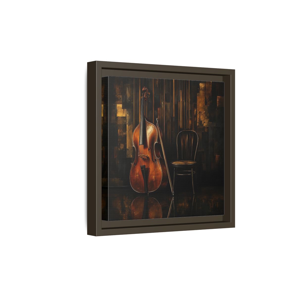 Side Mockup 20. Vintage Double Bass With Chair shown as framed canvas print