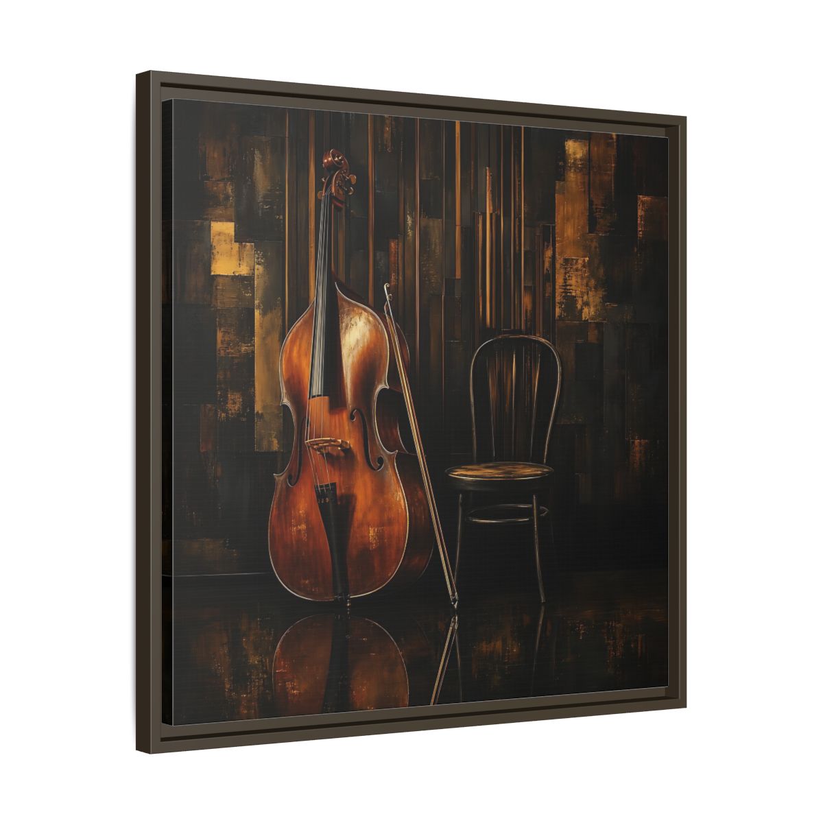 Side Mockup 27. Vintage Double Bass With Chair shown as framed canvas print