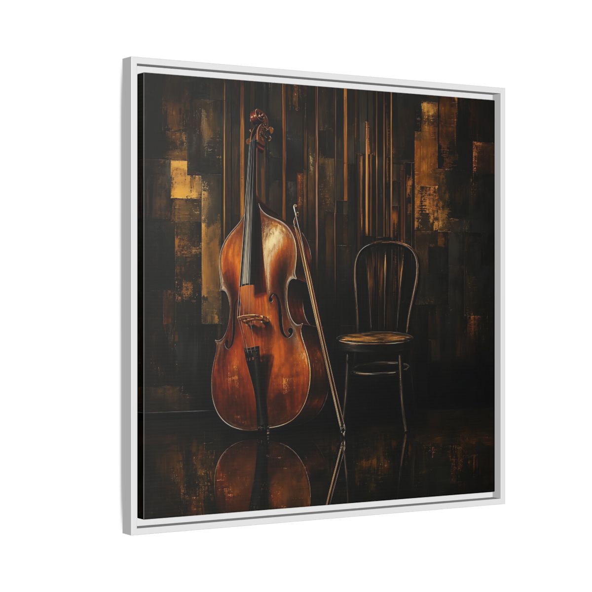 Side Mockup 7. Vintage Double Bass With Chair shown as framed canvas print
