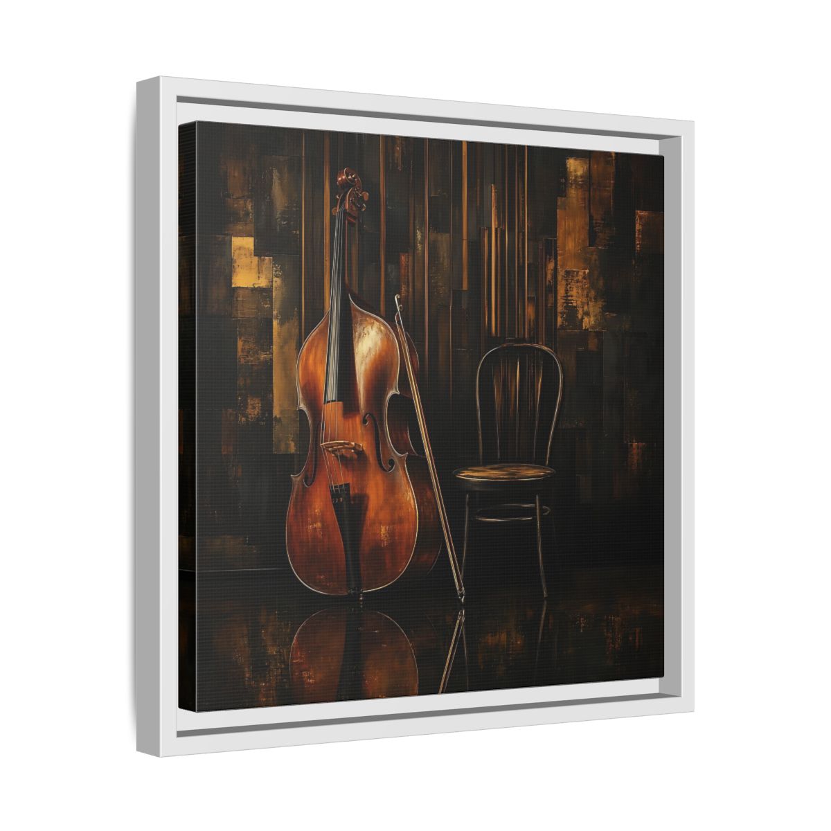 Side Mockup 28. Vintage Double Bass With Chair shown as framed canvas print