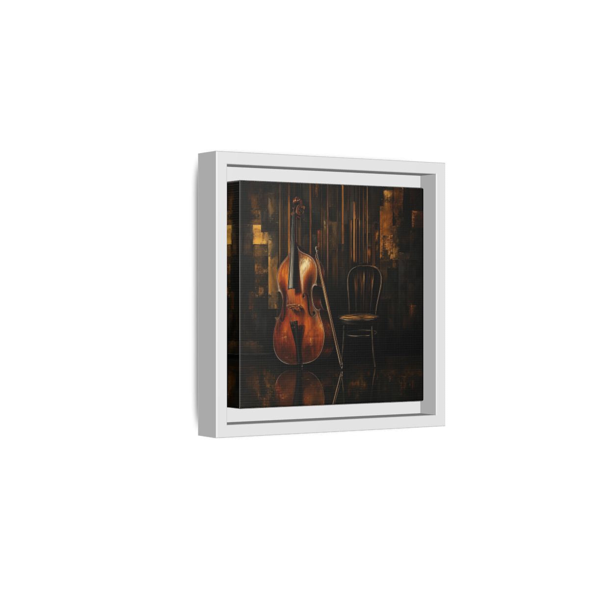 Side Mockup 1. Vintage Double Bass With Chair shown as framed canvas print