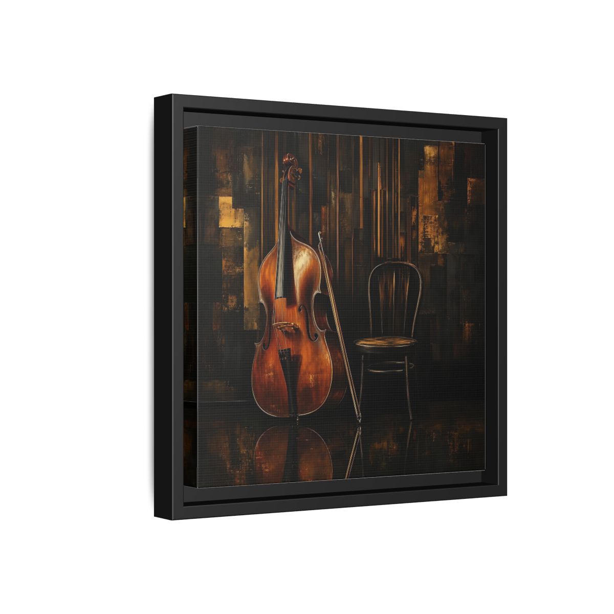 Side Mockup 18. Vintage Double Bass With Chair shown as framed canvas print
