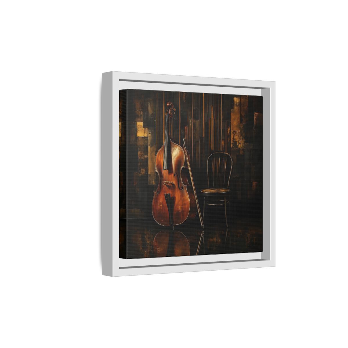 Side Mockup 19. Vintage Double Bass With Chair shown as framed canvas print