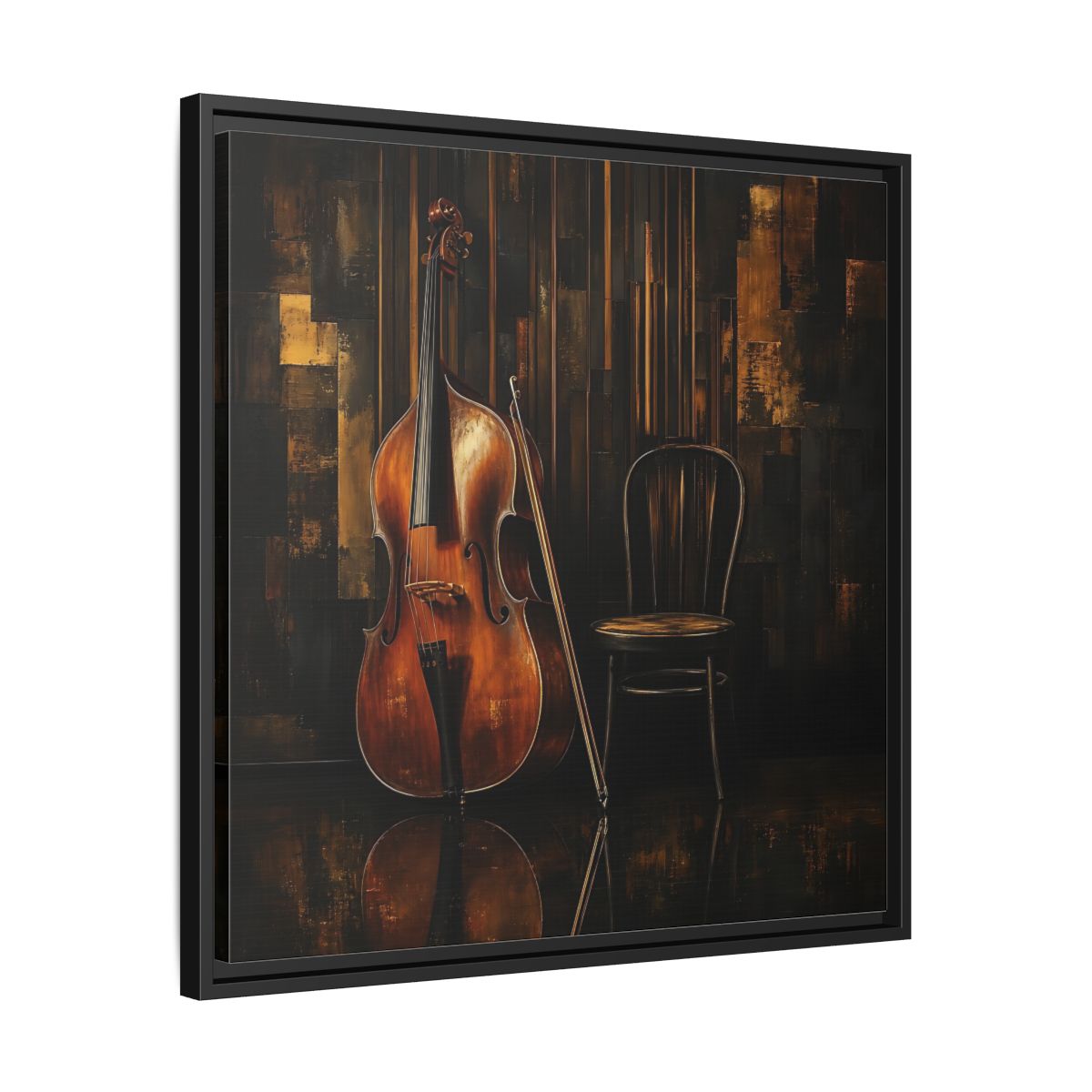 Side Mockup 31. Vintage Double Bass With Chair shown as framed canvas print